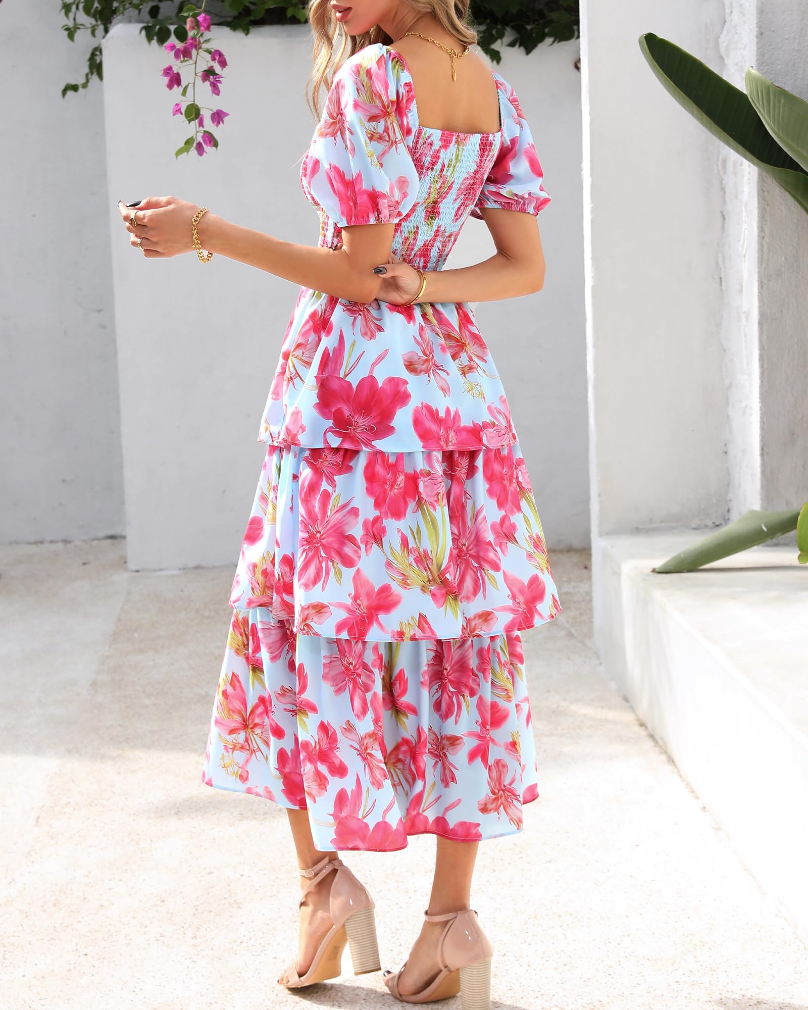 Women's Floral Square Neck Puff Short Sleeve Smocked Tiered Dress