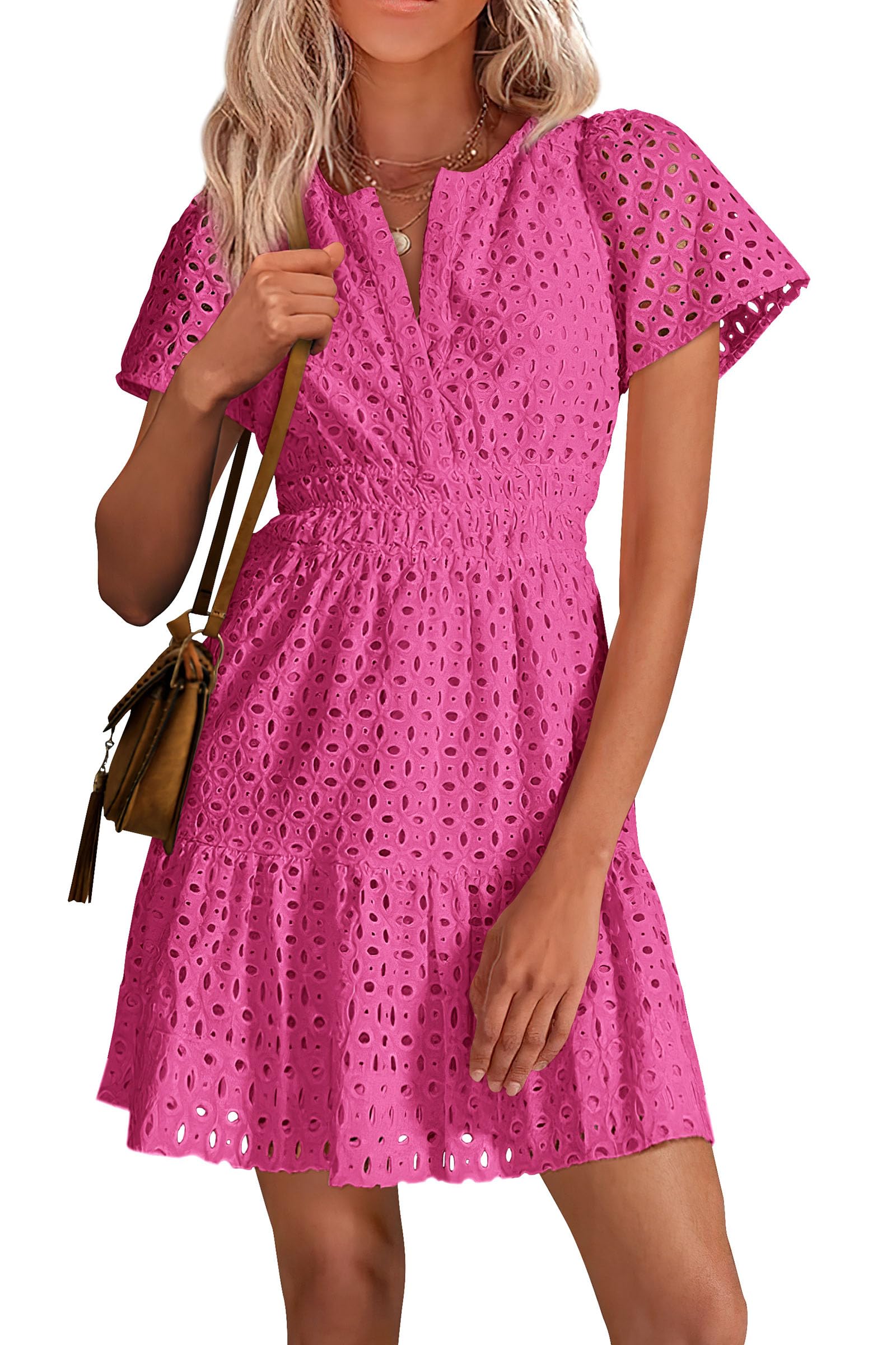 Women's Short Sleeve V Neck A Line Hollow Out Lace Dress