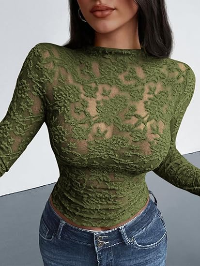 Women Lace Sexy Sheer Tight See Through Mesh Long Sleeve Tops(buy 2 free shipping)