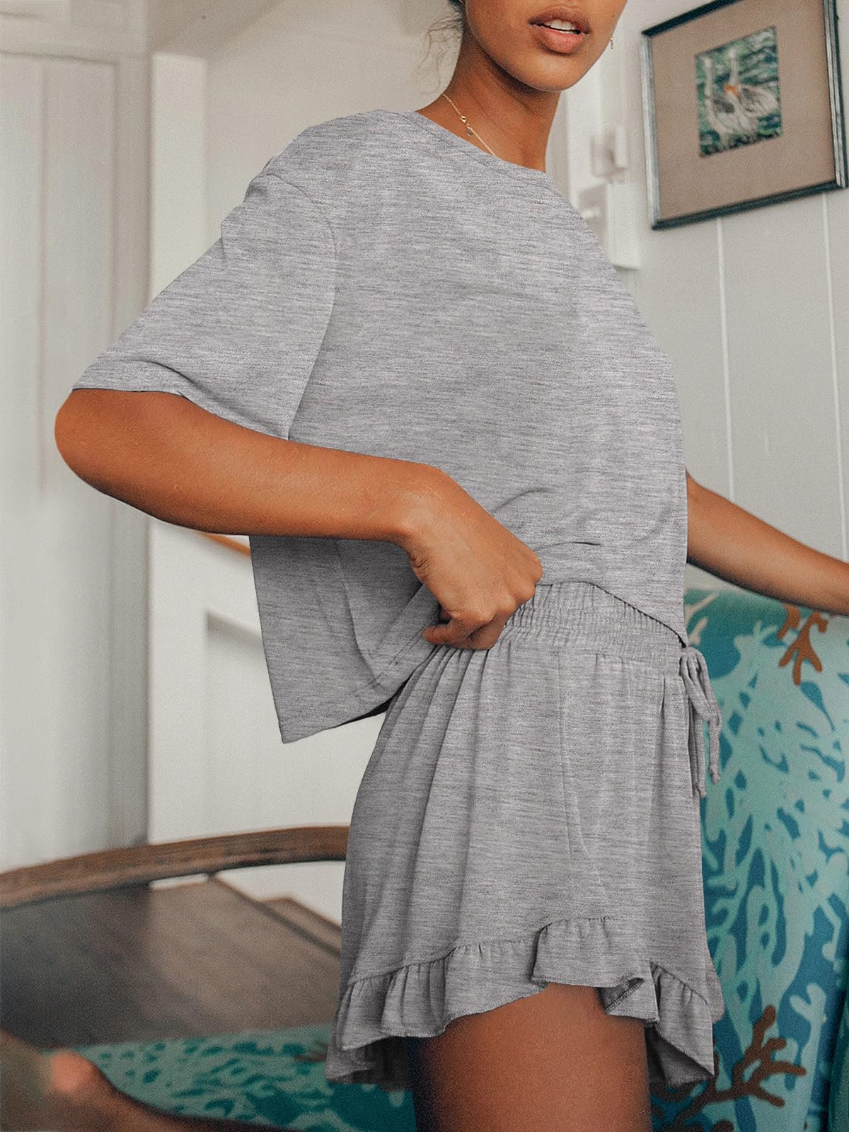 Womens Pajamas Set Lounge Sets Cropped Short Sleeve T Shirts Drawstring Ruffle Shorts