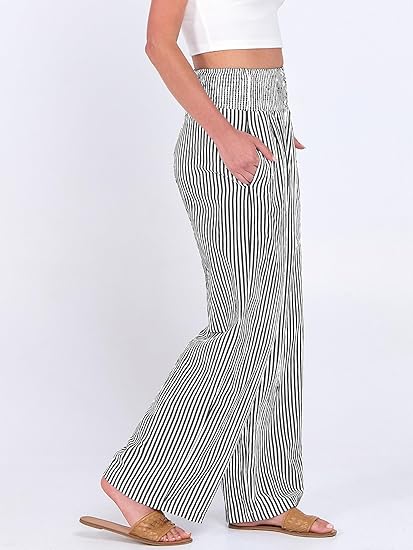 Womens Striped Palazzo Pants Wide Leg High Waisted Trousers with Pockets