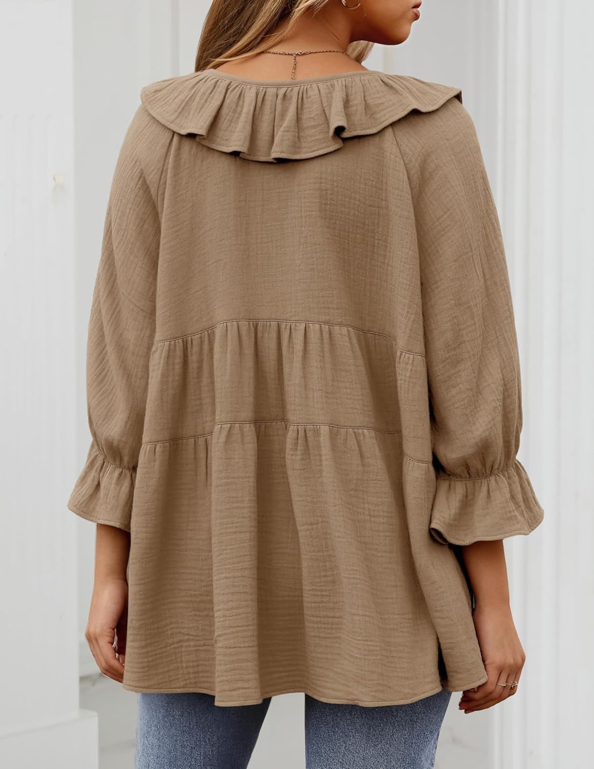 3/4 Sleeve Scoop Neck Tie Front Ruffle Tiered Peplum Loose Blouse Tops