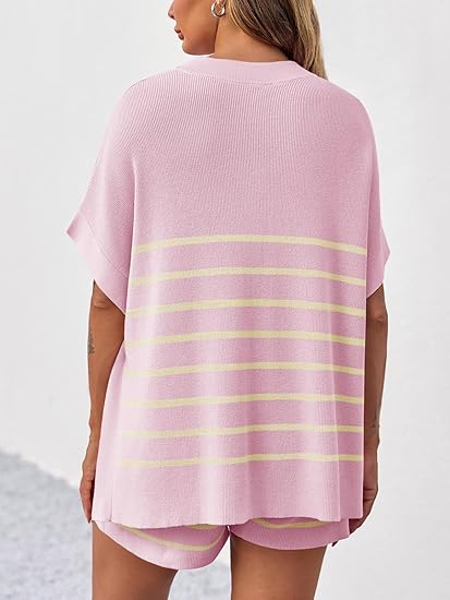 Women's Striped 2 Piece Outfits Oversized Batwing Short Sleeve Tops High Waisted Shorts(40% OFF!!!)