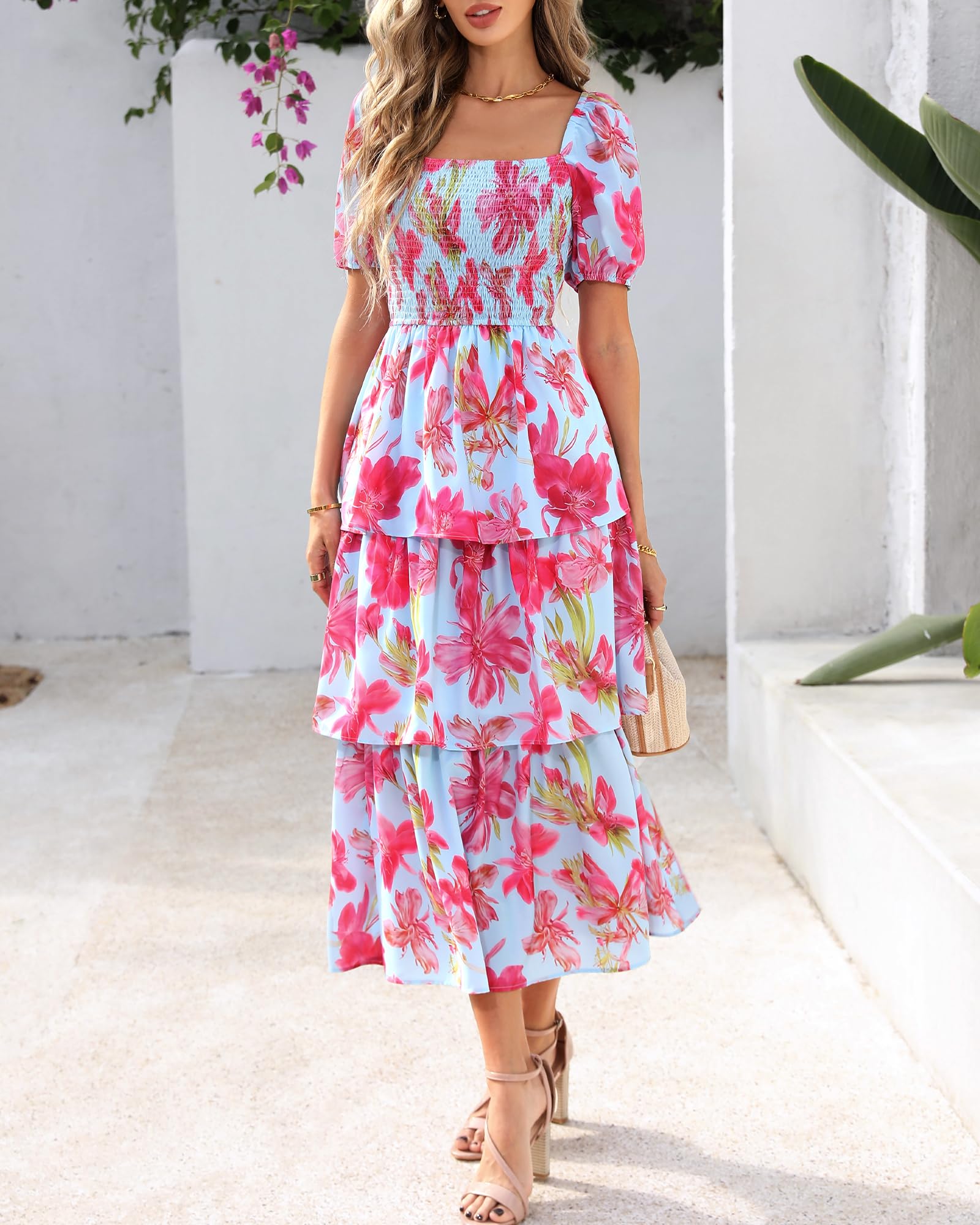 Women's Floral Square Neck Puff Short Sleeve Smocked Tiered Dress