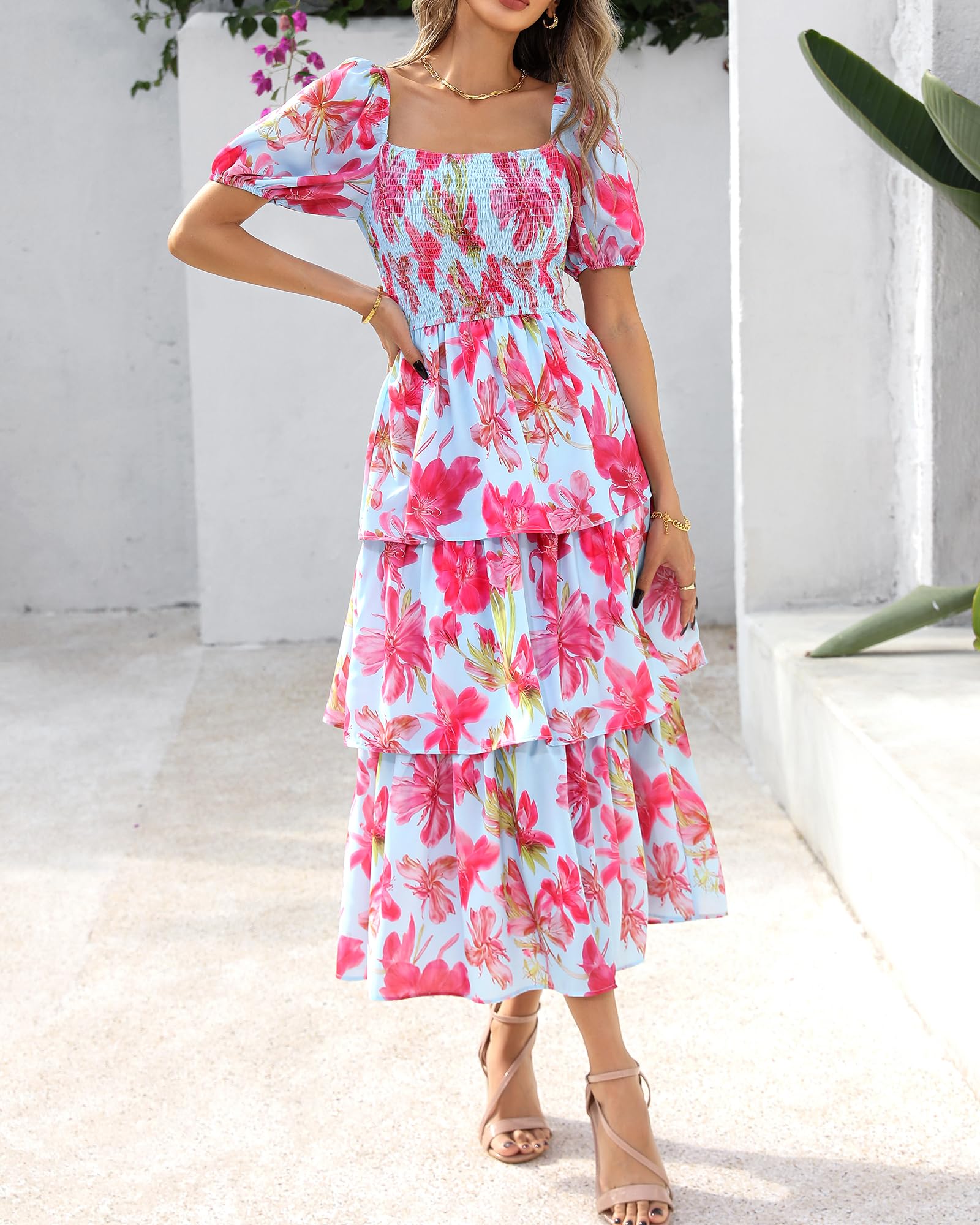 Women's Floral Square Neck Puff Short Sleeve Smocked Tiered Dress