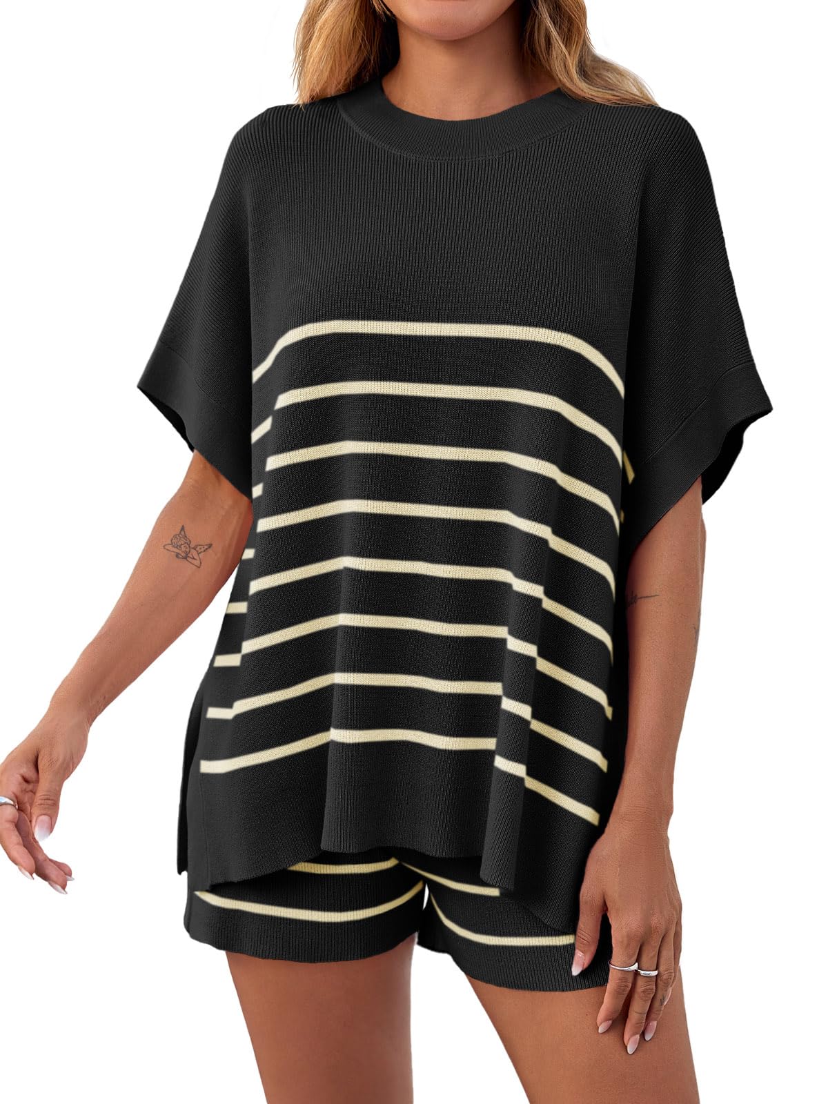 Women's Striped 2 Piece Outfits Oversized Batwing Short Sleeve Tops High Waisted Shorts(40% OFF!!!)