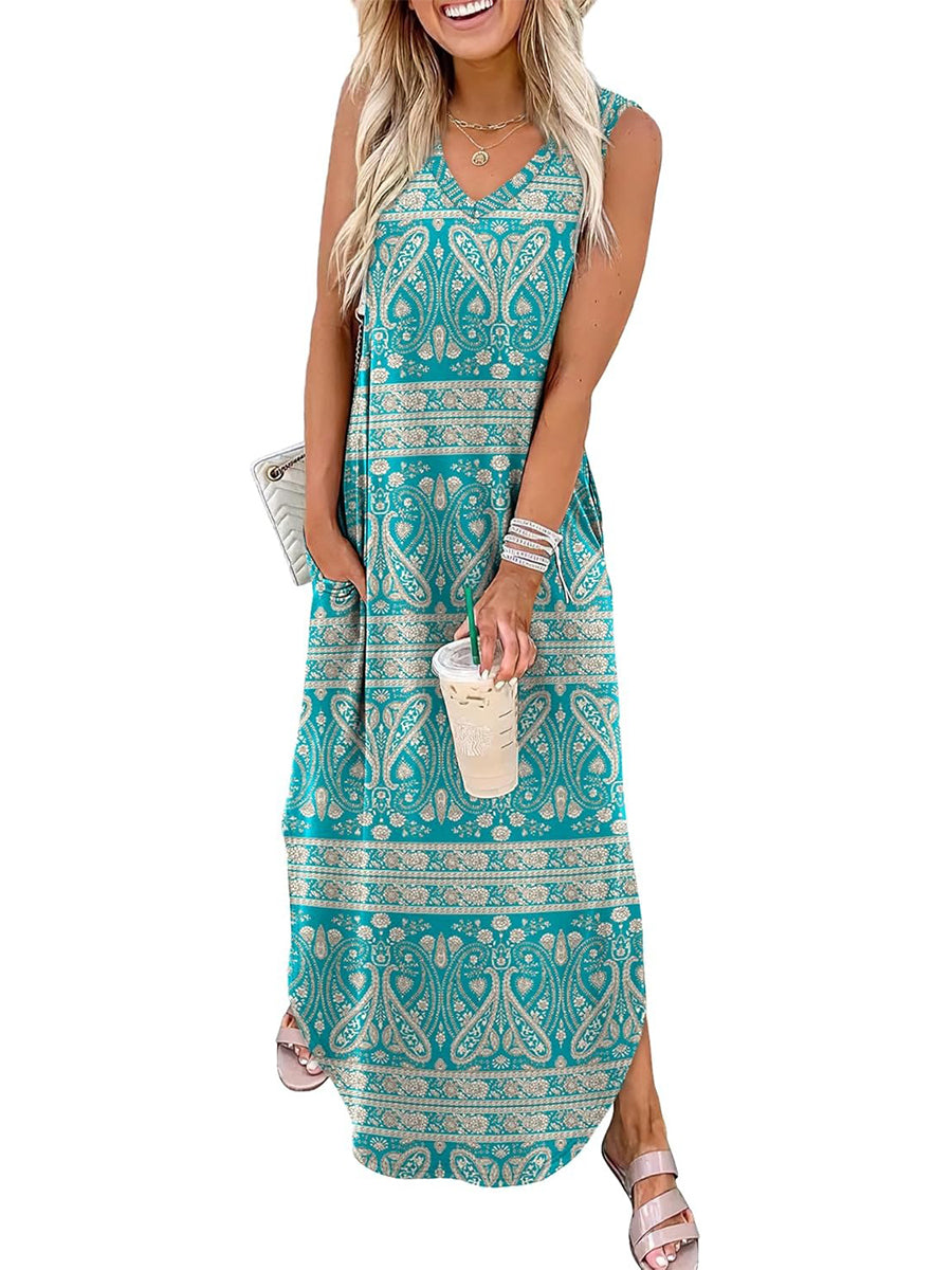 Women's Boho Print V Neck Split Tank Long Dress with Pockets