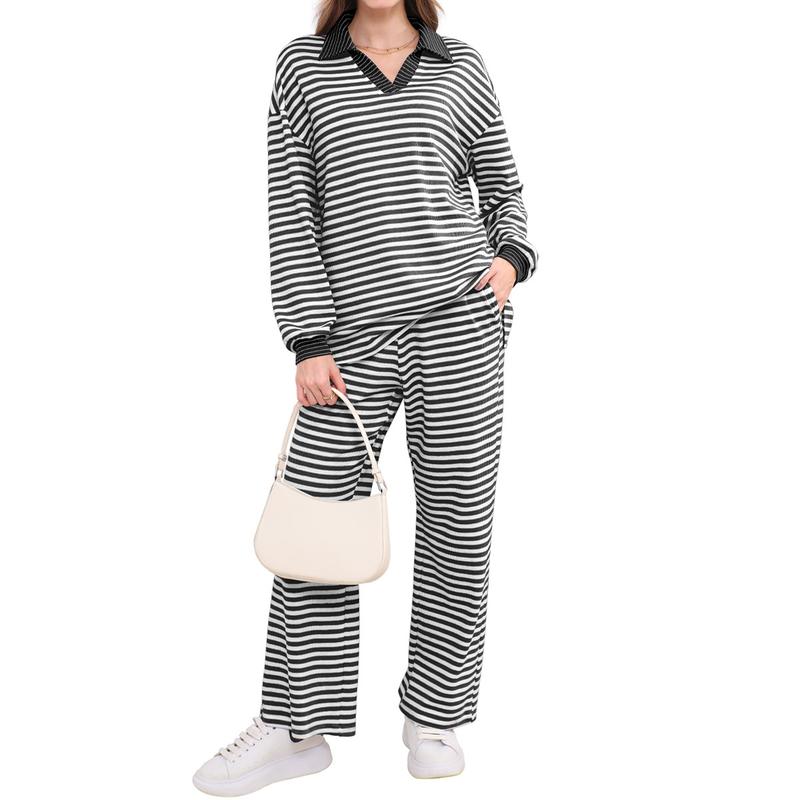 Women's Striped V-Neck Knit Top & Wide-Leg Trouser Pants 2-Piece Sweater Set(45% OFF!!!)