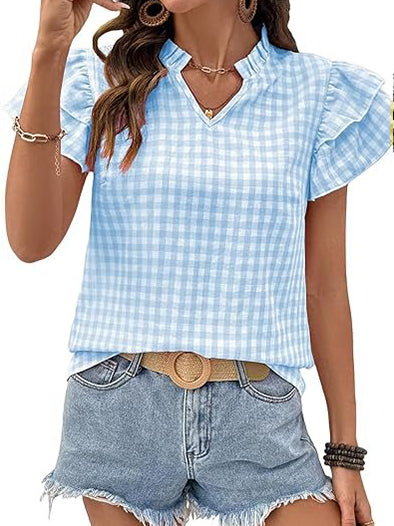 Womens V Neck Ruffle Short Sleeve Gingham Shirts