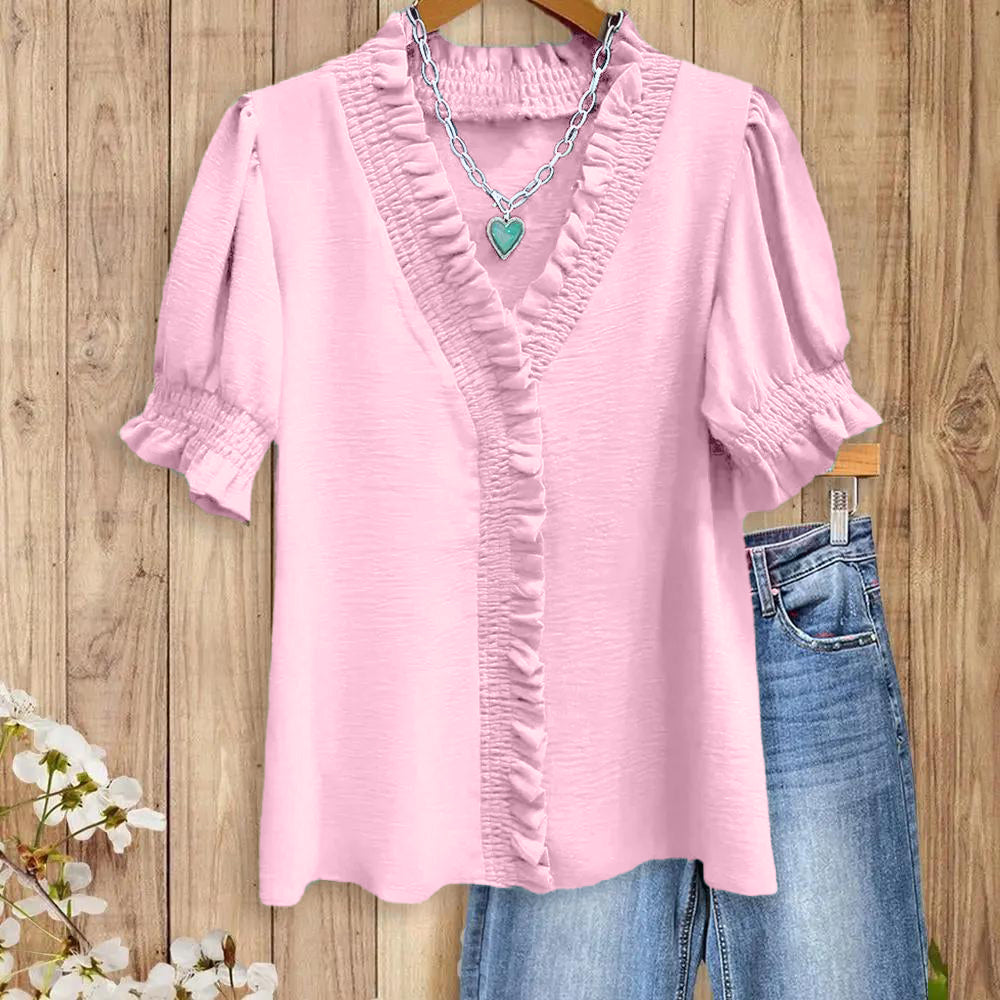 Womens Smocked Ruffle Trim V-Neck Blouse