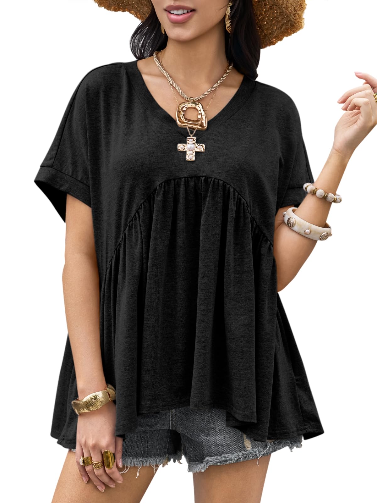 Womens Summer Peplum Tops Oversized Babydoll Short Sleeve V Neck T Shirts