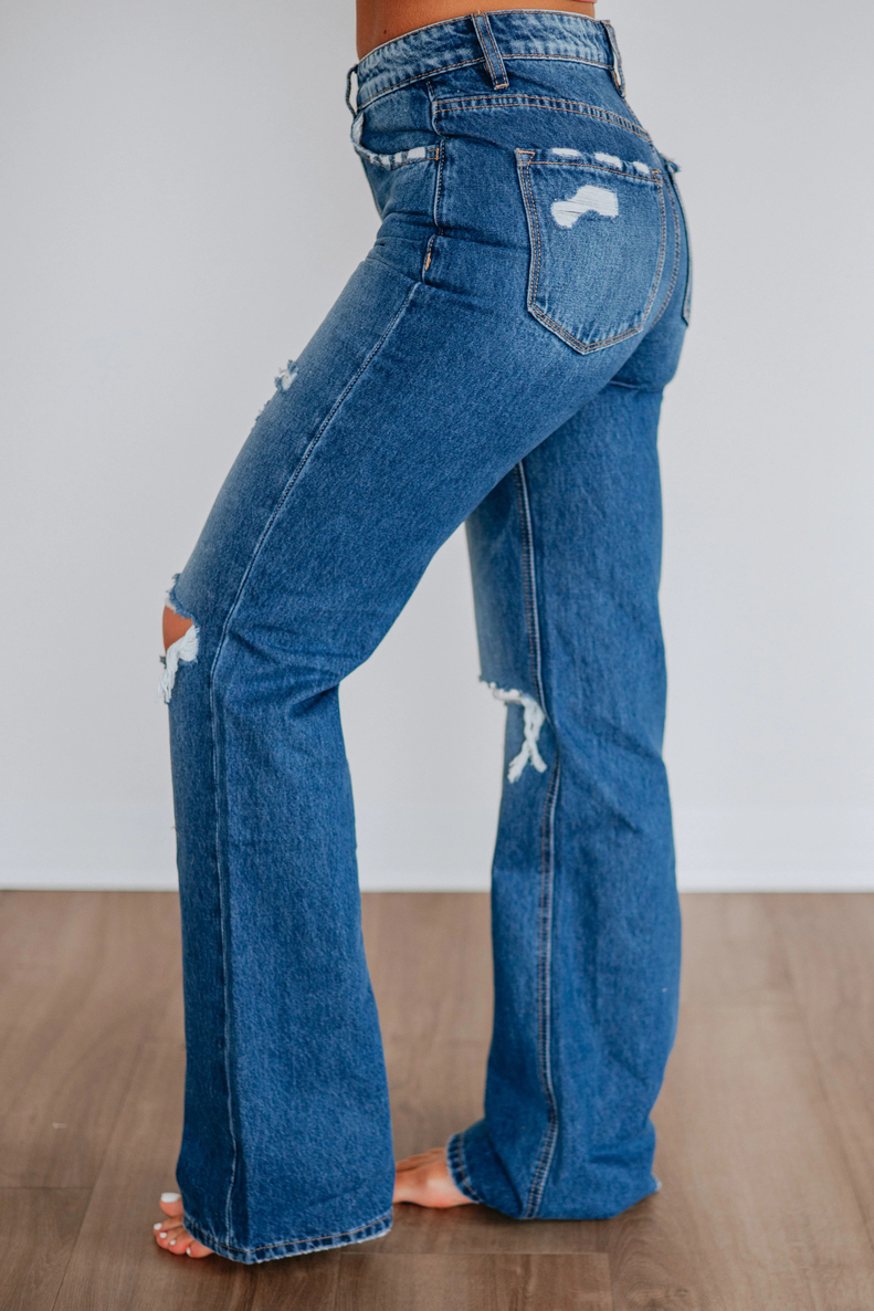 Women's Flared Ripped Stretchy Mid Rise Cut Out Distressed Denim Bootcut Jeans