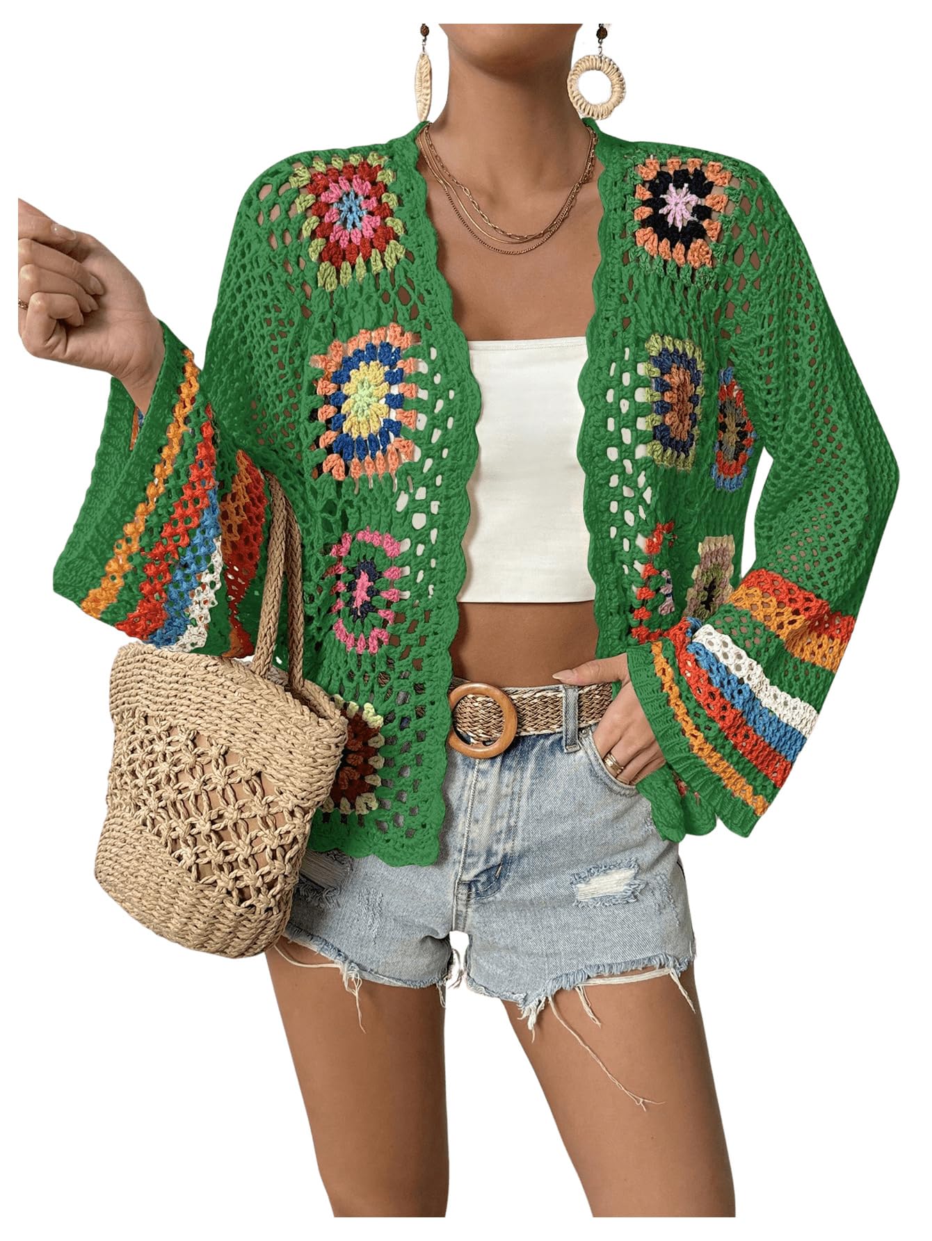 Women's Floral Crochet Cardigan Hollow Out Open Front Long Sleeve Cardigan