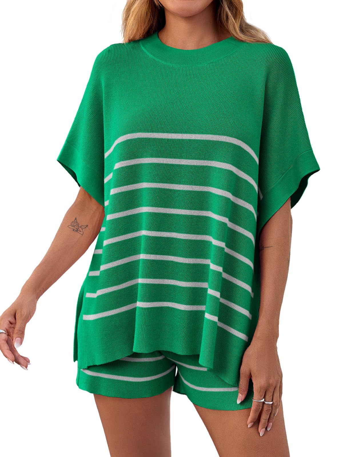 Women's Striped 2 Piece Outfits Oversized Batwing Short Sleeve Tops High Waisted Shorts(40% OFF!!!)