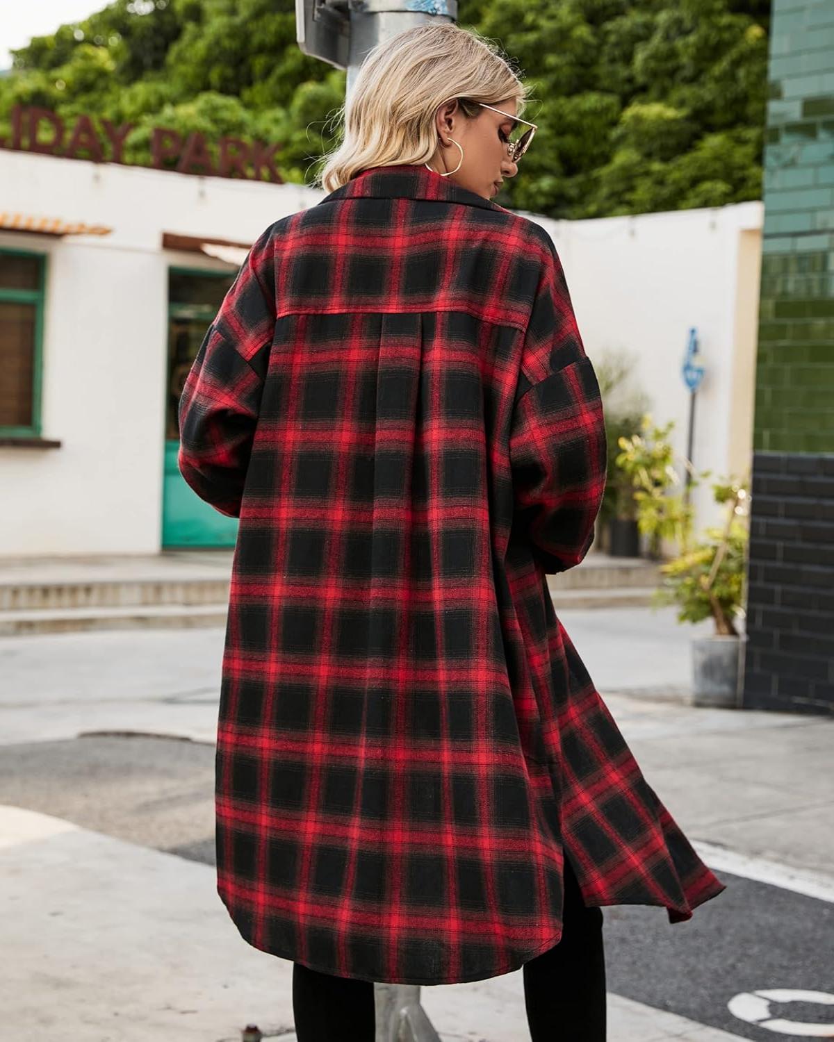 Women's Button Down Flannel Shirts Plaid Shacket  Collared Long Jacket Coats