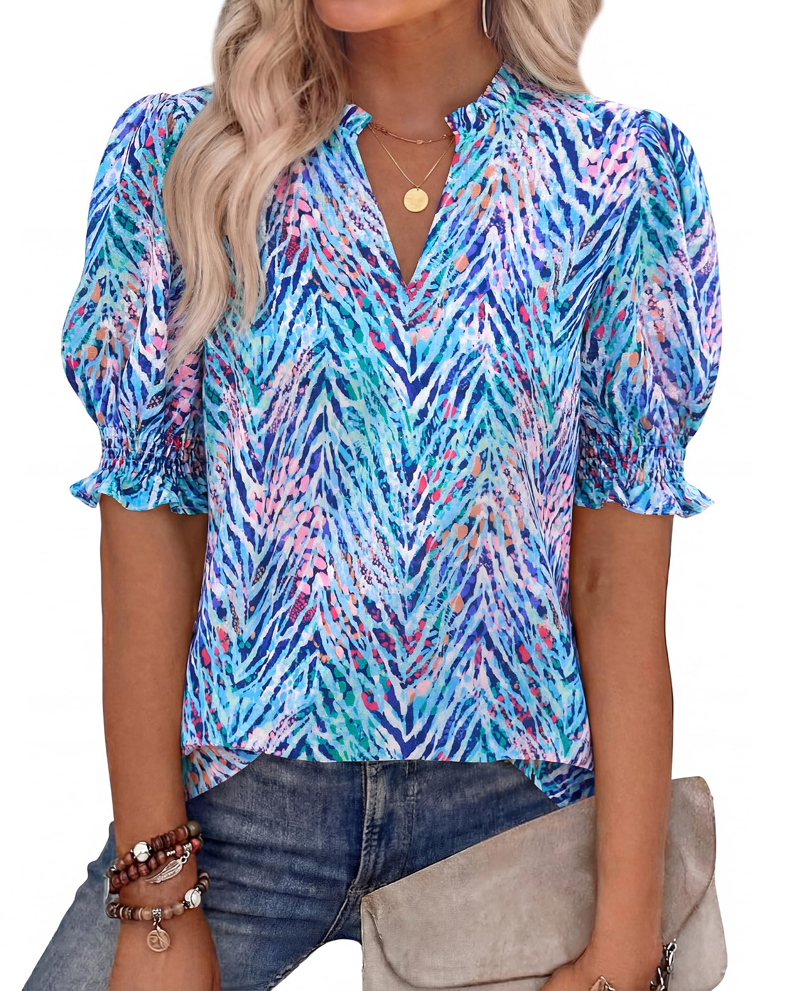 Women Floral Boho V Neck Puff Short Sleeve Top Casual 2026 Summer Blouses