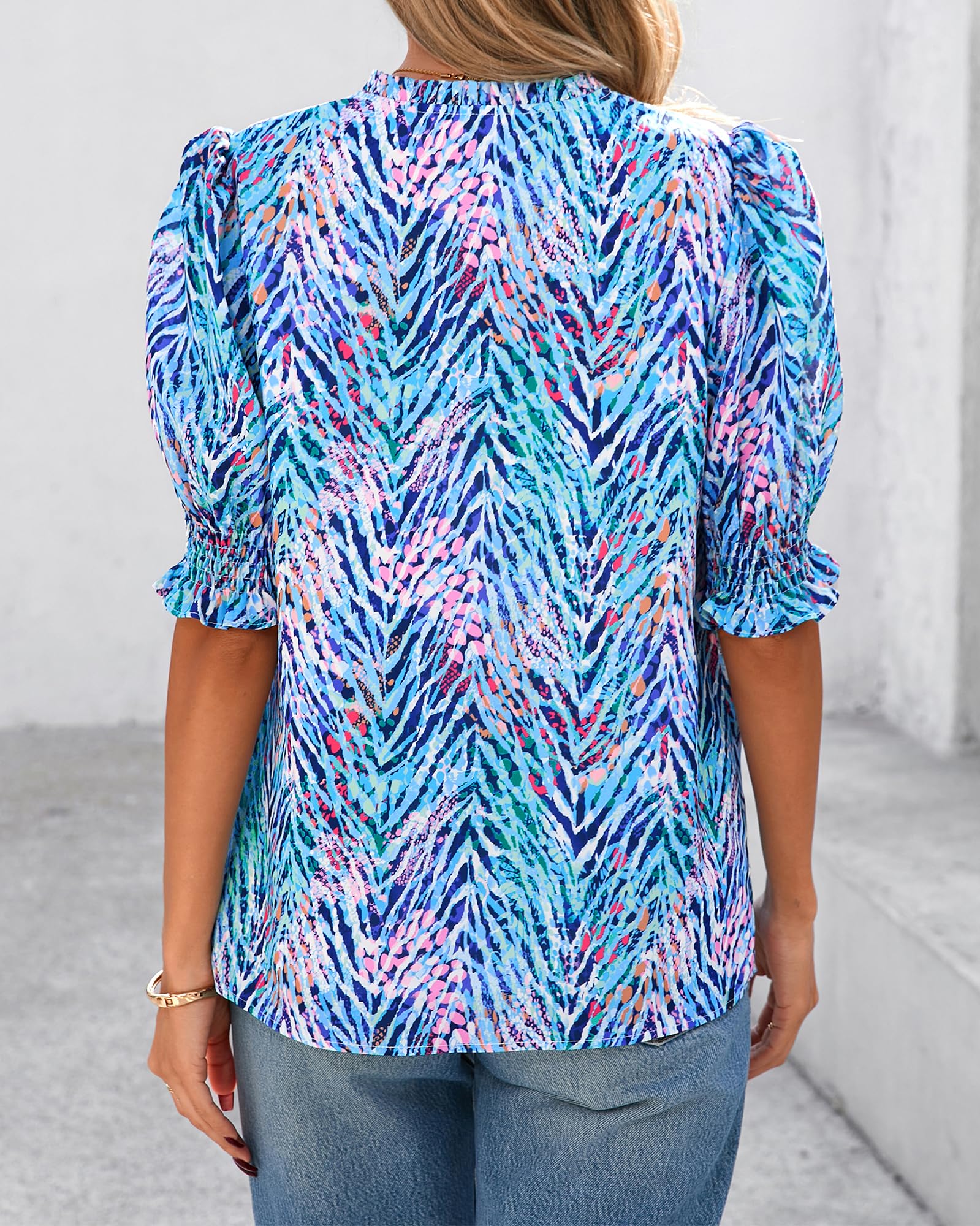 Women Floral Boho V Neck Puff Short Sleeve Top Casual 2026 Summer Blouses