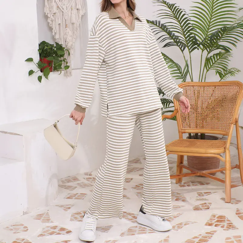 Women's Striped V-Neck Knit Top & Wide-Leg Trouser Pants 2-Piece Sweater Set(45% OFF!!!)