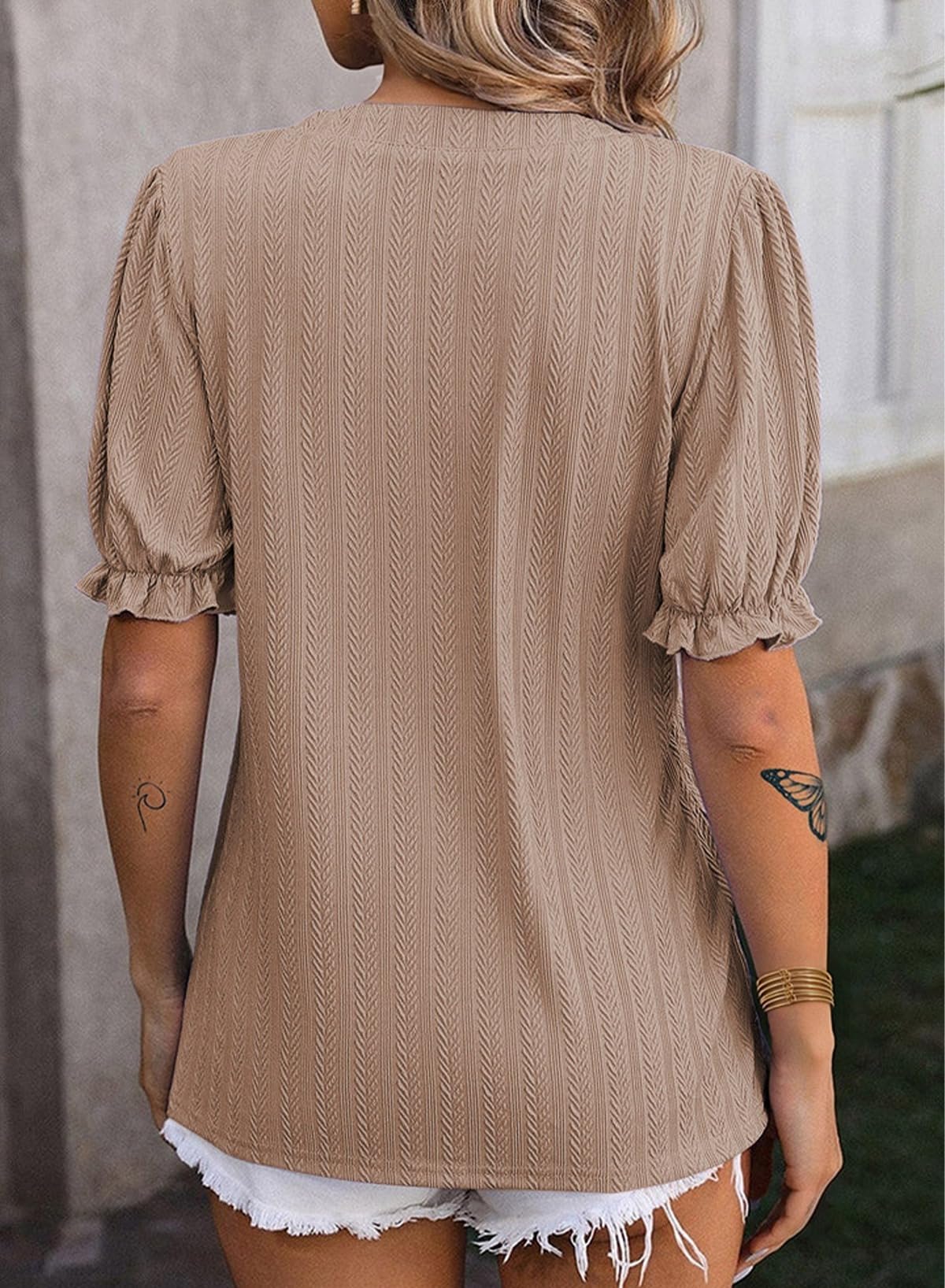 2025 New Womens Short Puff Sleeves Blouses V Neck Knit Textured Tops(buy 2 free shipping)