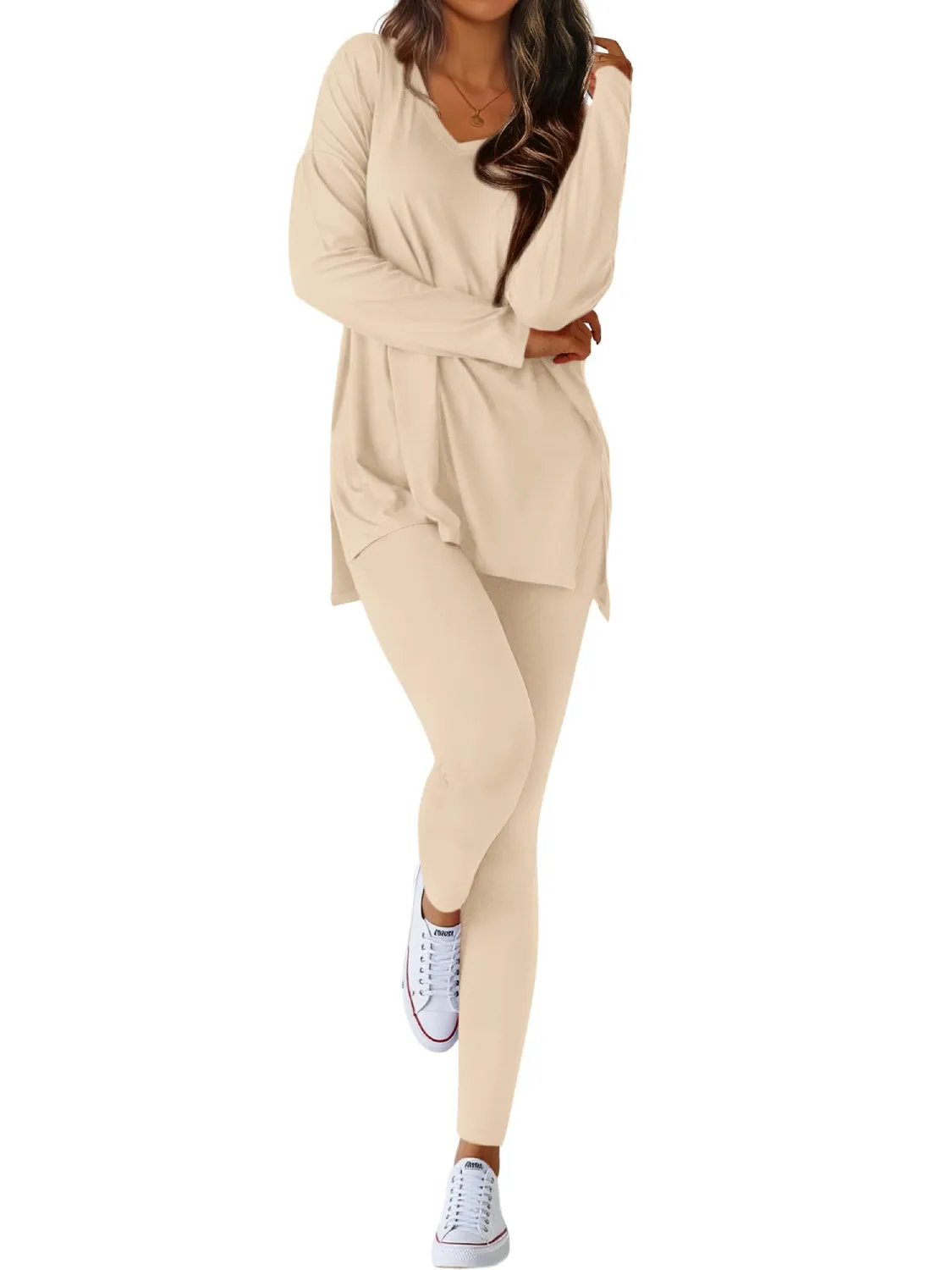 Women's V-neck Oversized Shirts Leggings Casual Lounge Matching Set