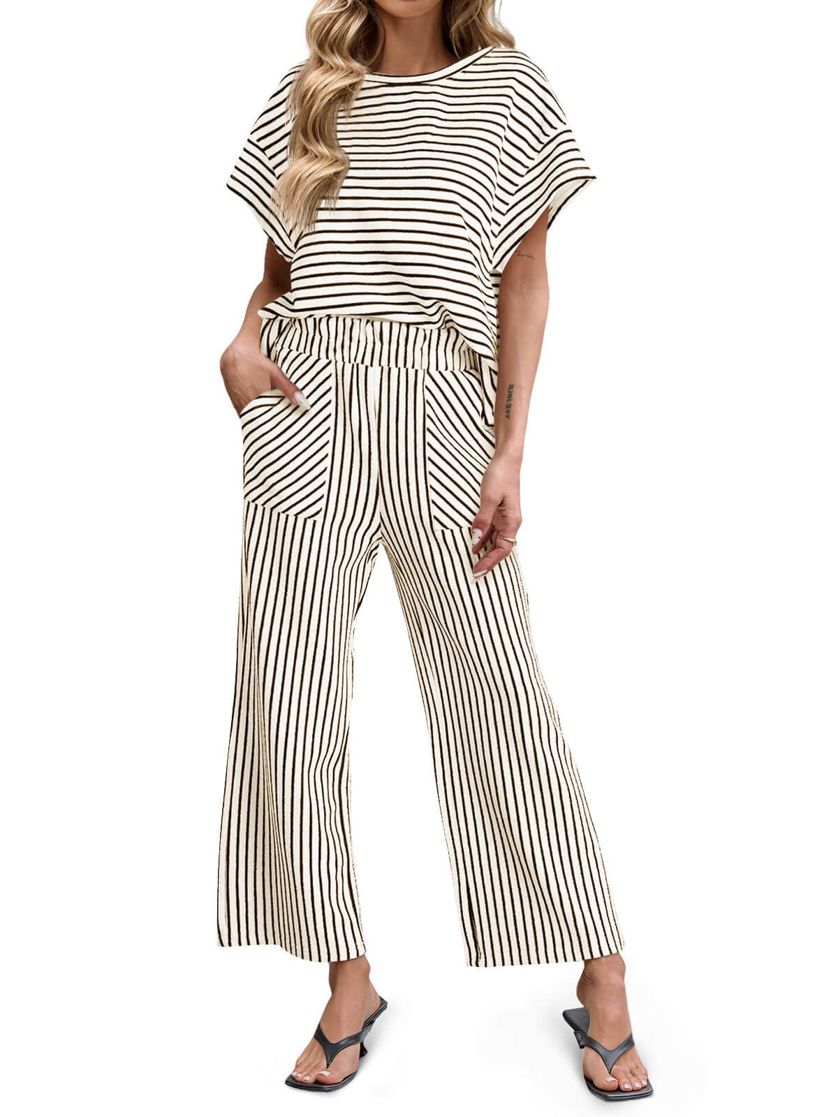 Womens Striped 2 Piece Sets Short Sleeve T Shirts Wide Leg Pants with Pockets