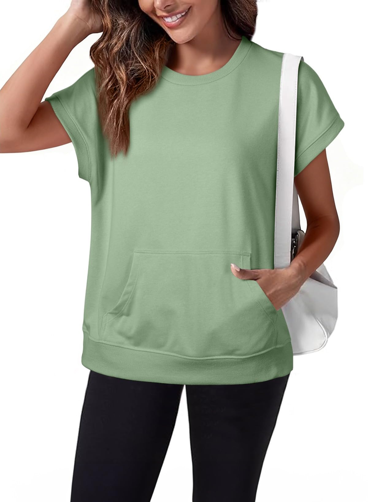 Women's Casual Round Neck Loose Fit Top with Kangaroo Pocket