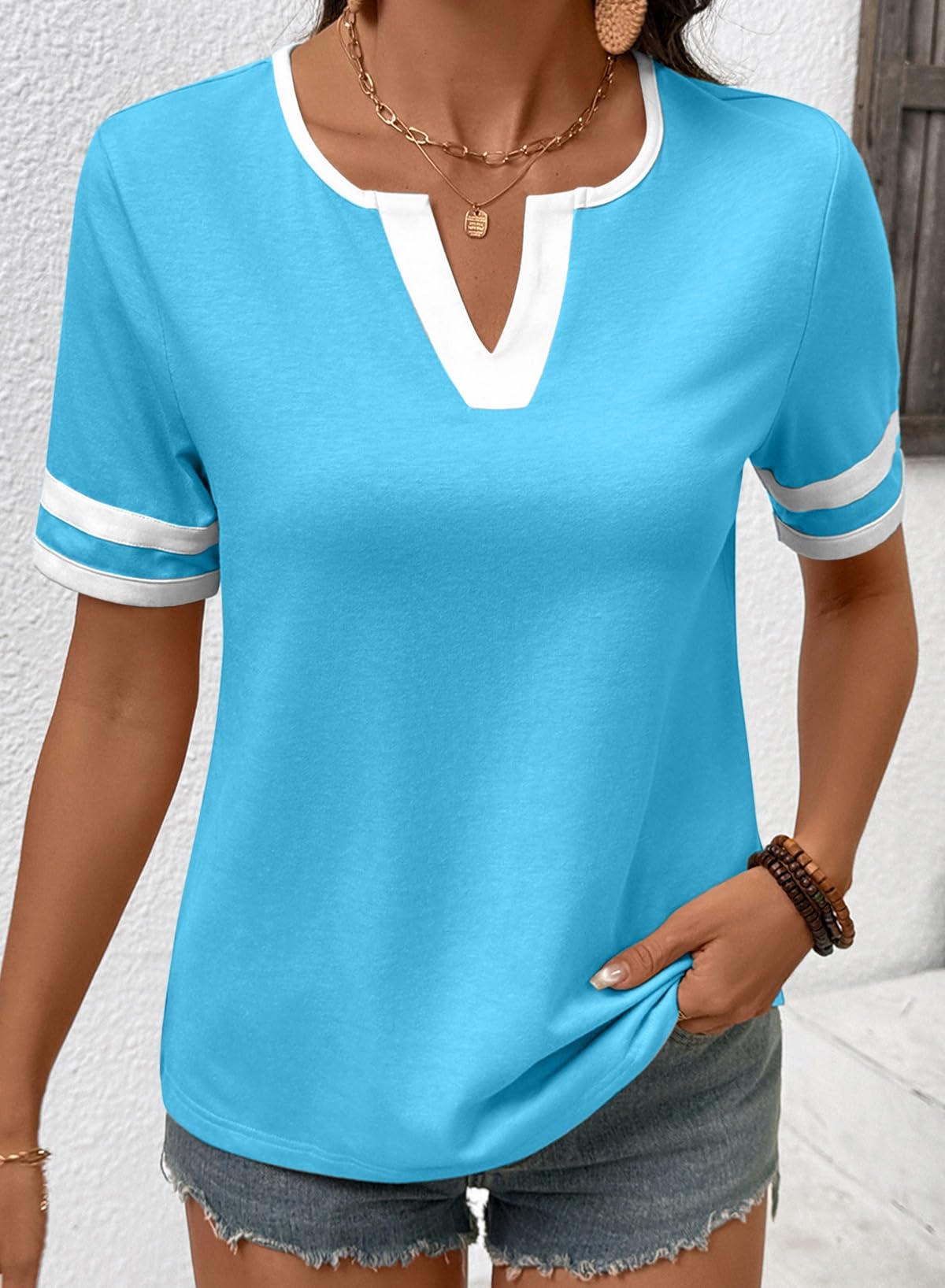 Women's Summer Tops V Neck Short Sleeve T-Shirts Colorblock Casual Tees