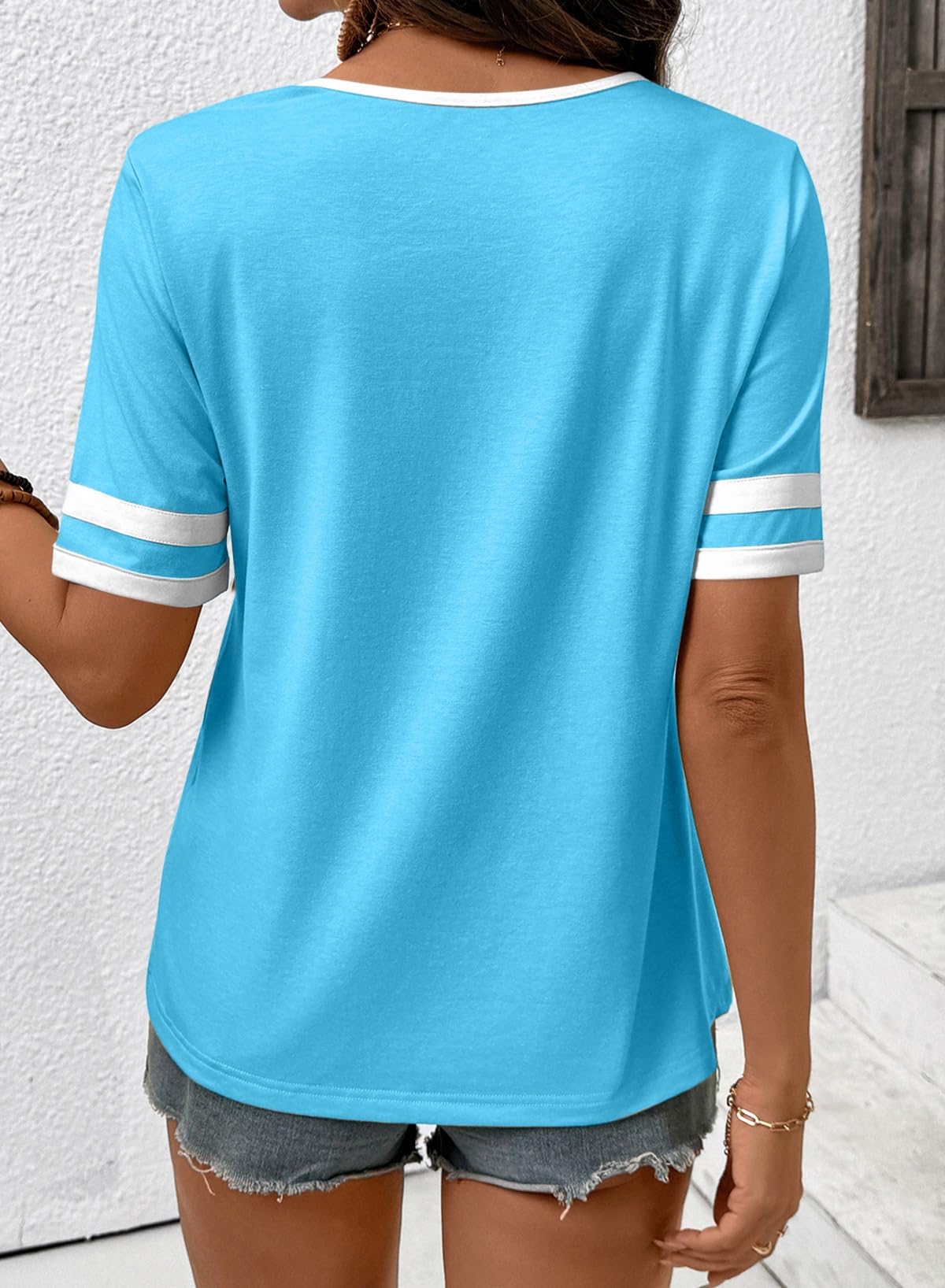 Women's Summer Tops V Neck Short Sleeve T-Shirts Colorblock Casual Tees