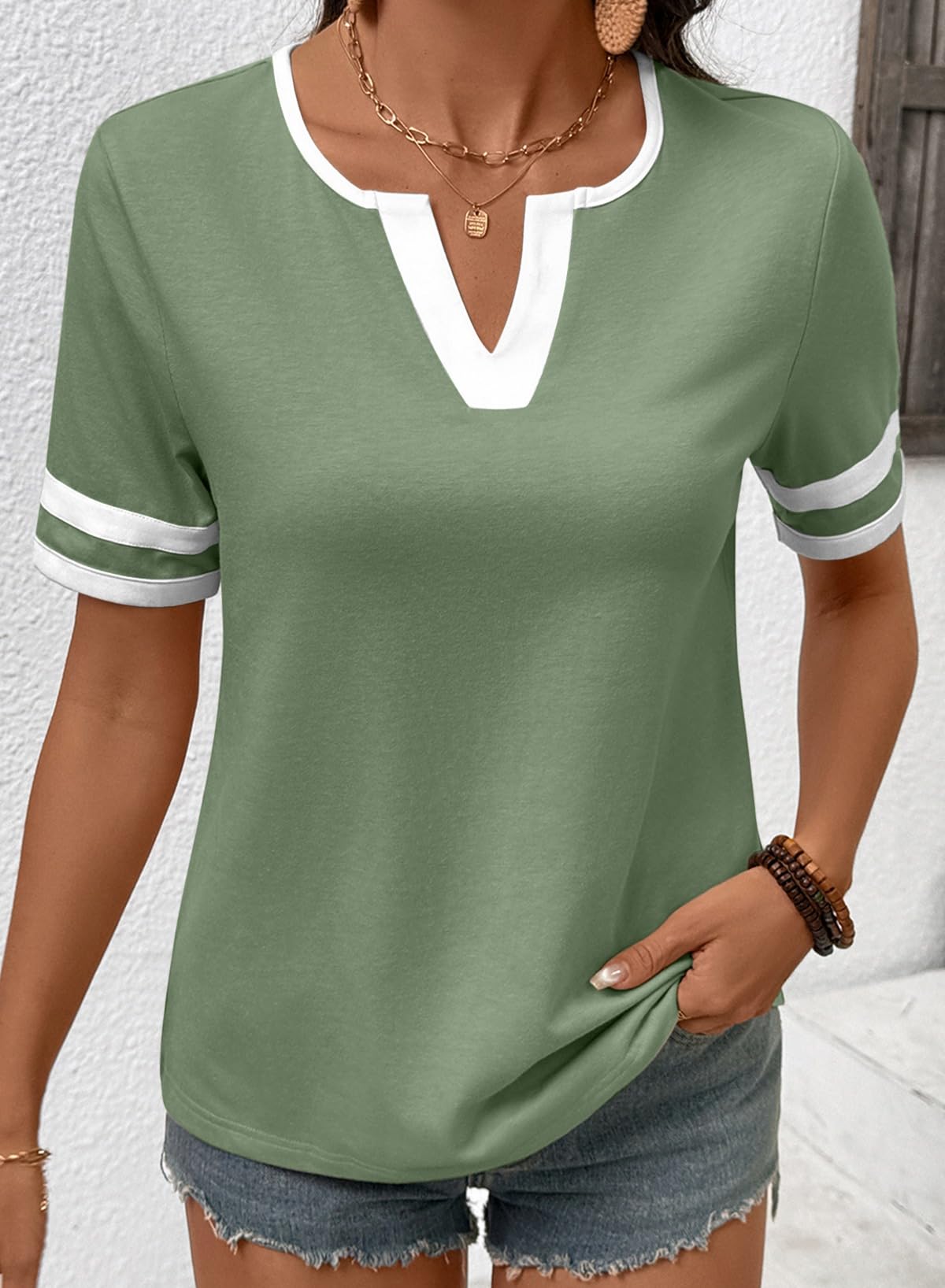Women's Summer Tops V Neck Short Sleeve T-Shirts Colorblock Casual Tees