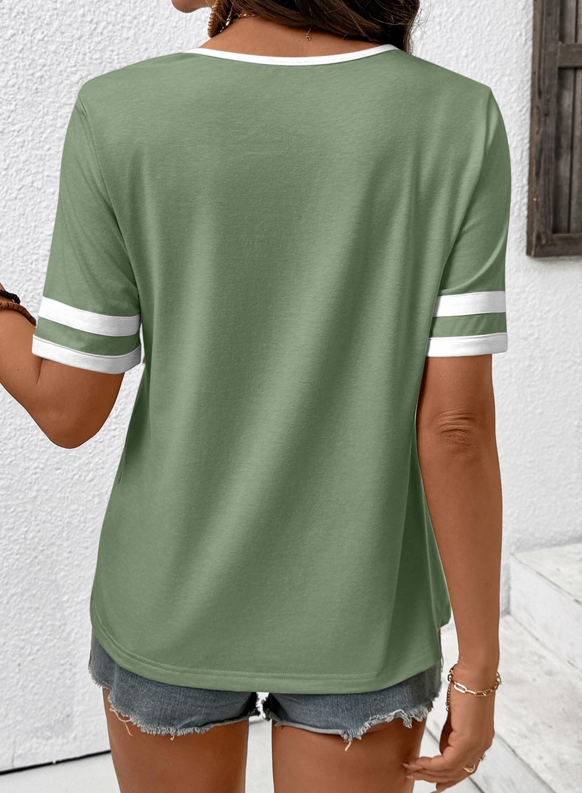 Women's Summer Tops V Neck Short Sleeve T-Shirts Colorblock Casual Tees