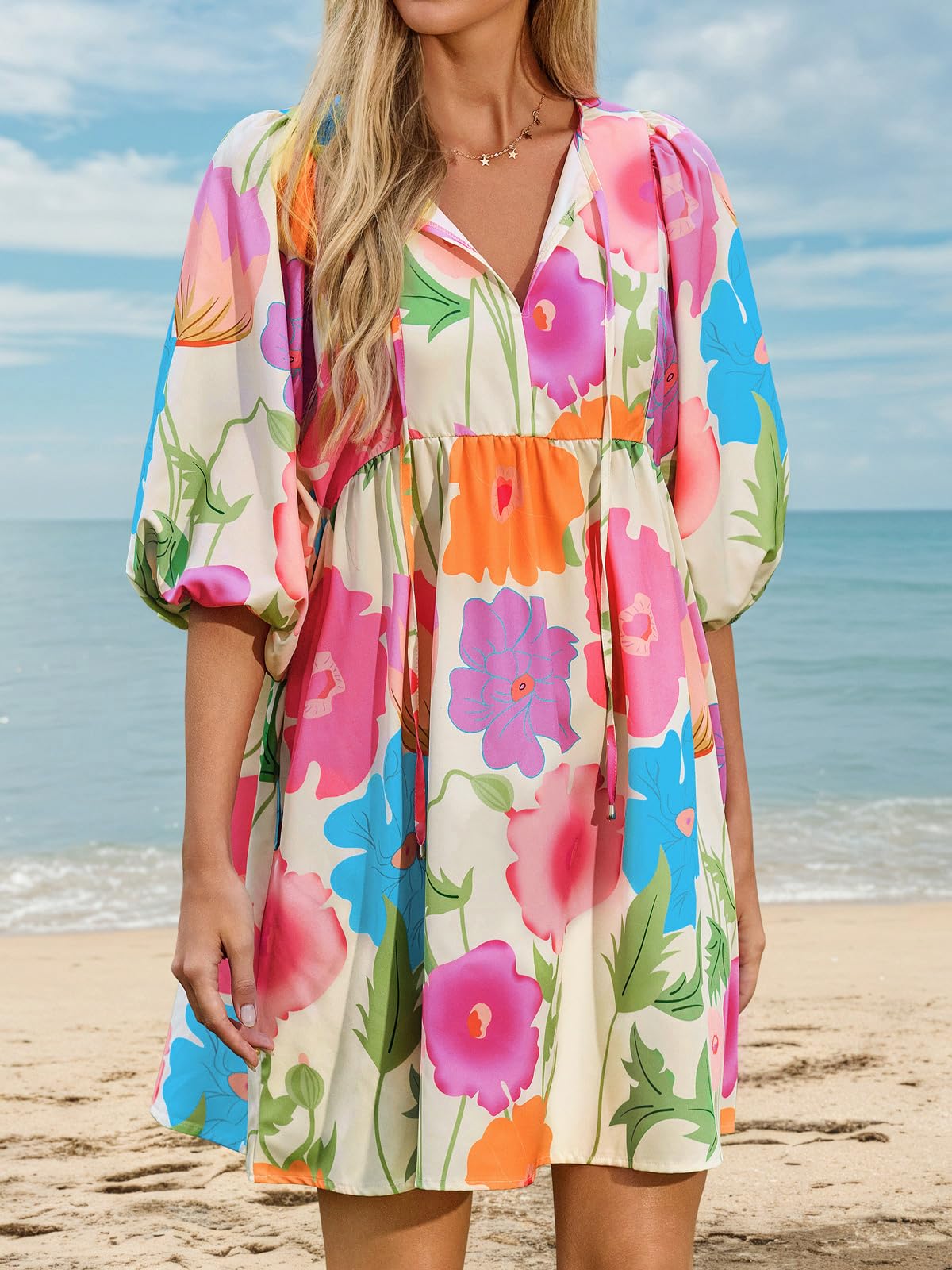 Womens V Neck Puff Sleeve Floral Mini Babydoll Dress with Pockets
