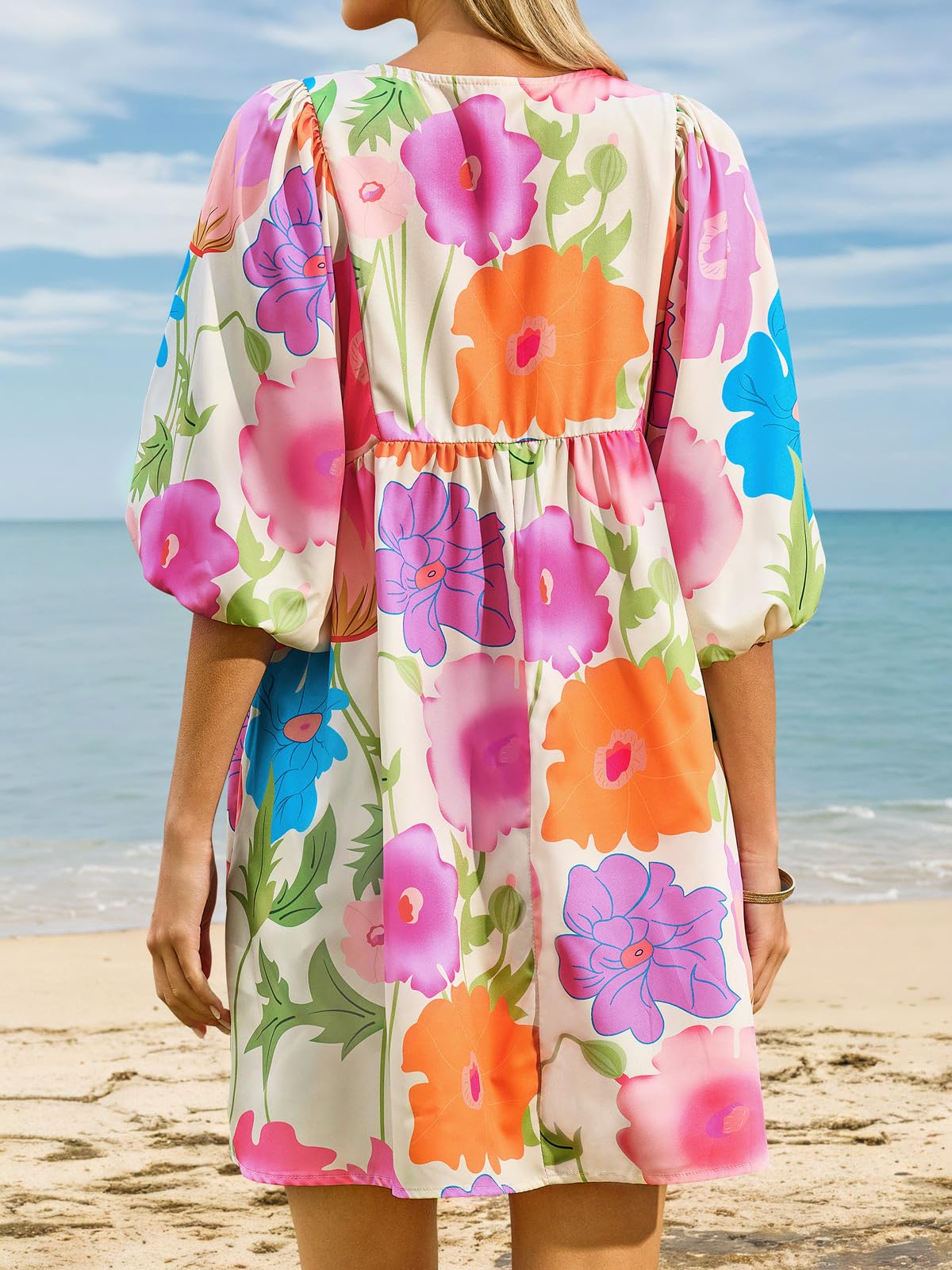 Womens V Neck Puff Sleeve Floral Mini Babydoll Dress with Pockets