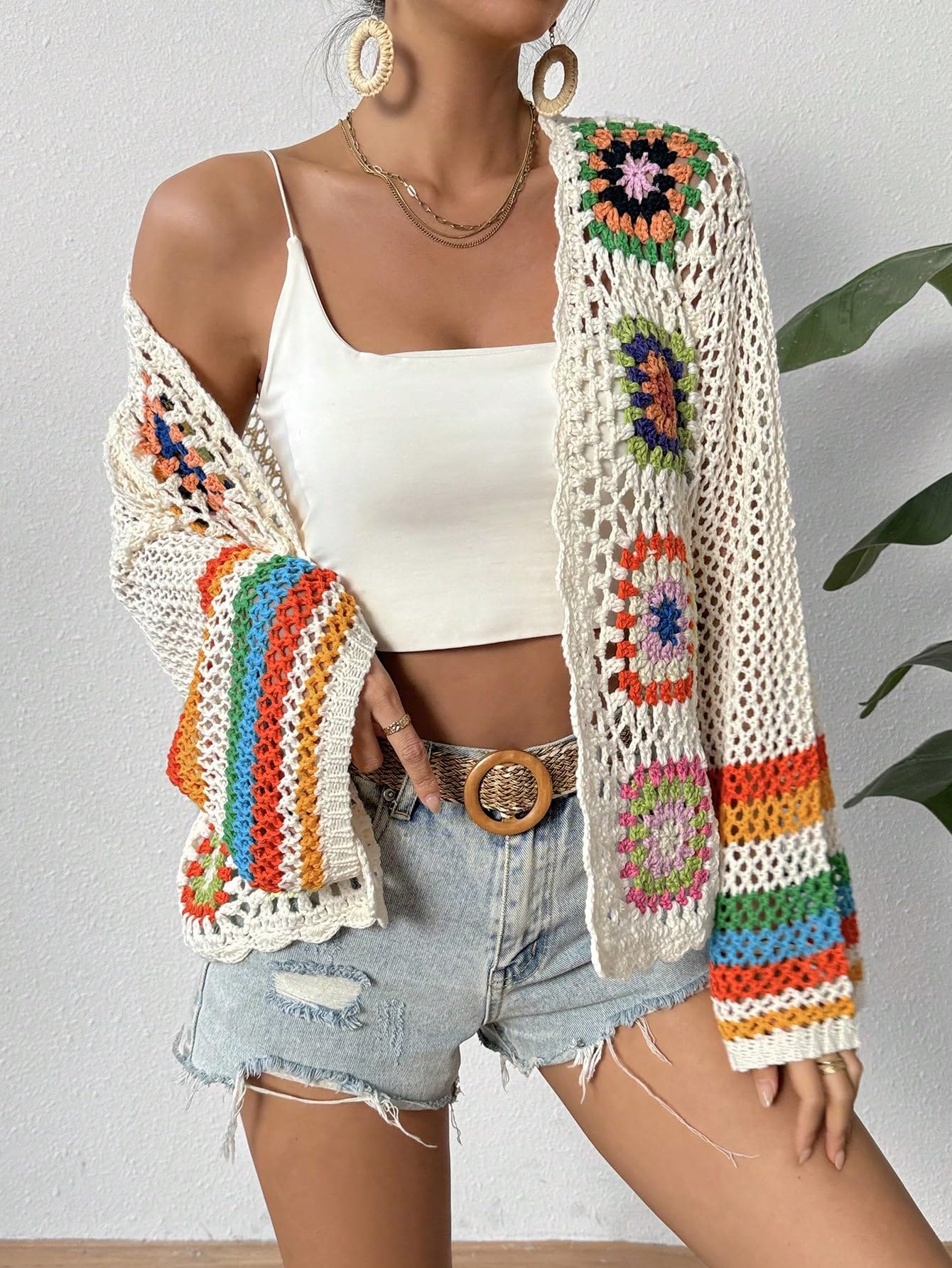 Women's Floral Crochet Cardigan Hollow Out Open Front Long Sleeve Cardigan