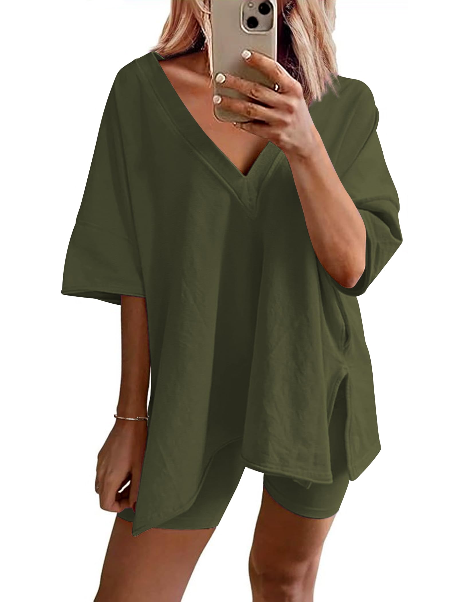 Womens Reversible Oversized V Neck T-Shirts Tops Biker Shorts Set 