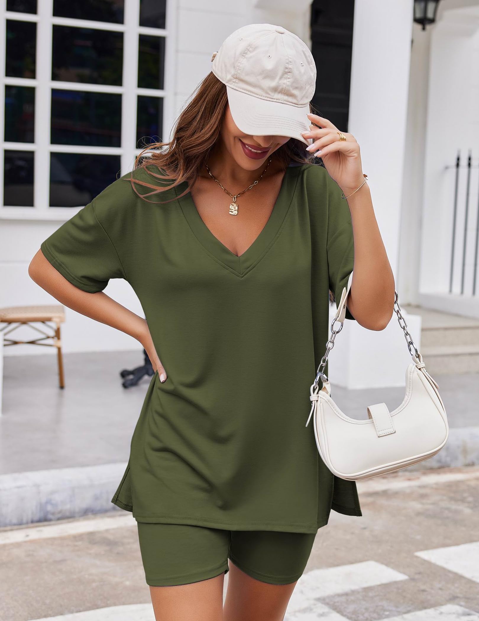 Womens Reversible Oversized V Neck T-Shirts Tops Biker Shorts Set 