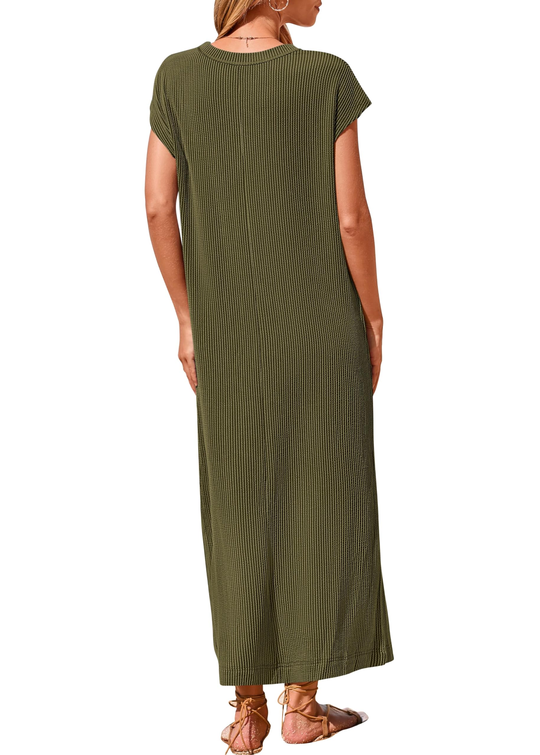 Womens Ribbed Knit Henley Short Sleeve Button Up Loose Maxi Dress