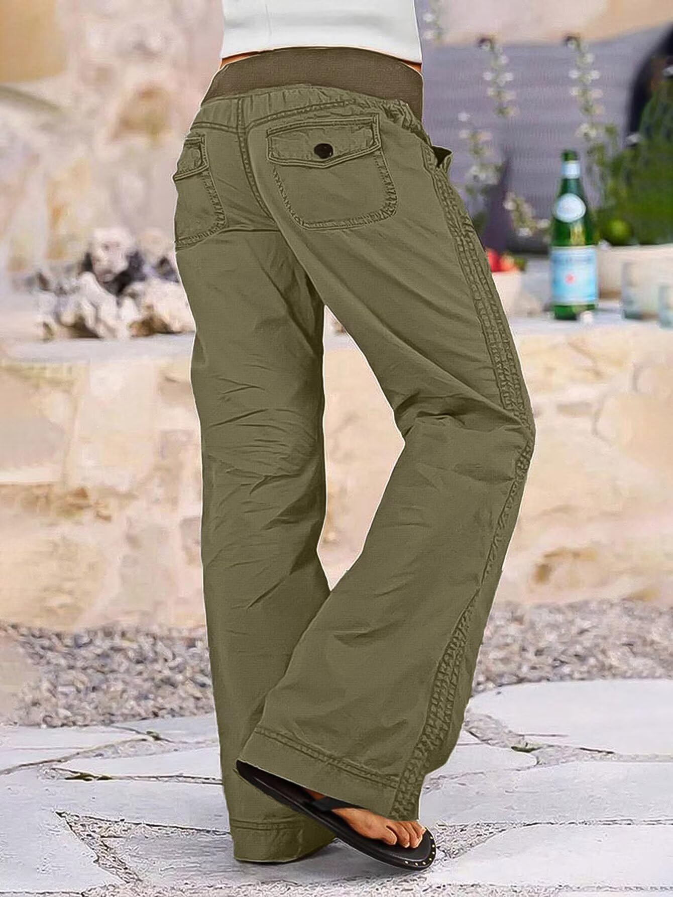 Women Drawstring Waist Mid Rise Seam Detail Straight Leg Pants