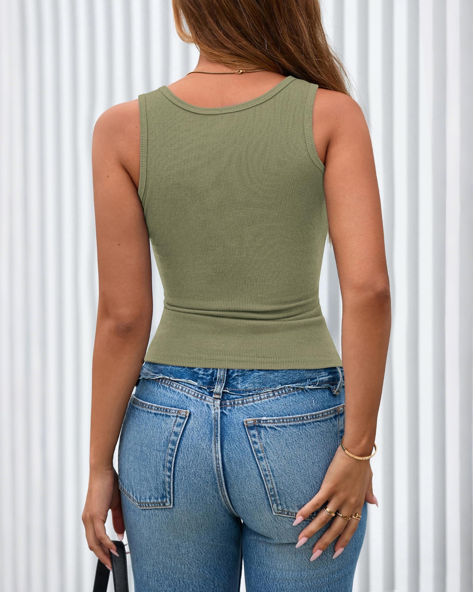 Women Summer Scoop Neck Ribbed Henley Button Sleeveless Casual Basic Tank Top
