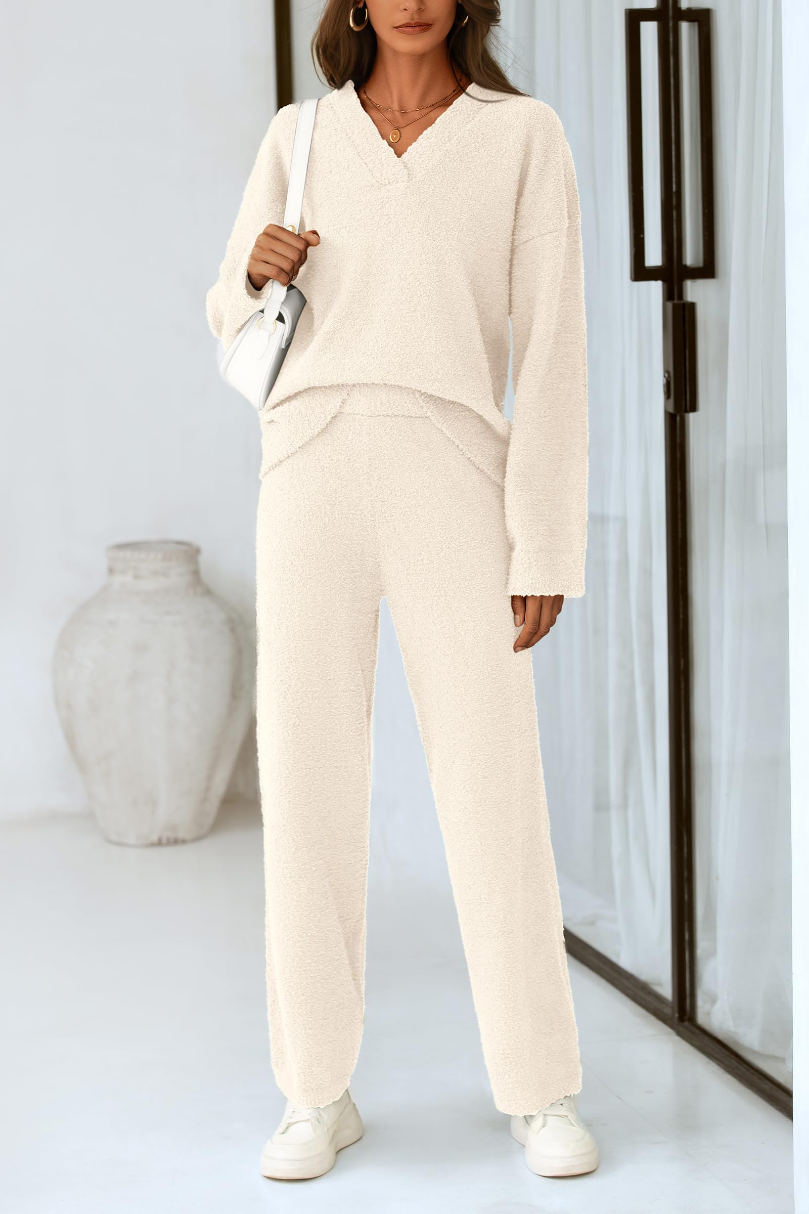 Women's 2 Piece Oversized V Neck Pullover Sweater Fuzzy Lounge Set (Buy 2 Free Shipping)