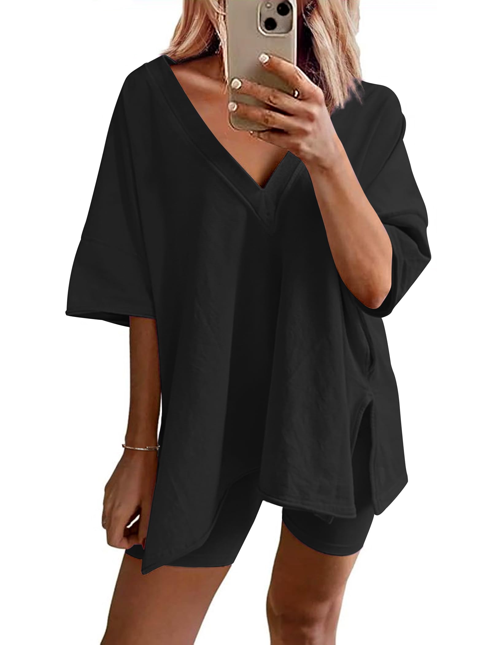 Womens Reversible Oversized V Neck T-Shirts Tops Biker Shorts Set 