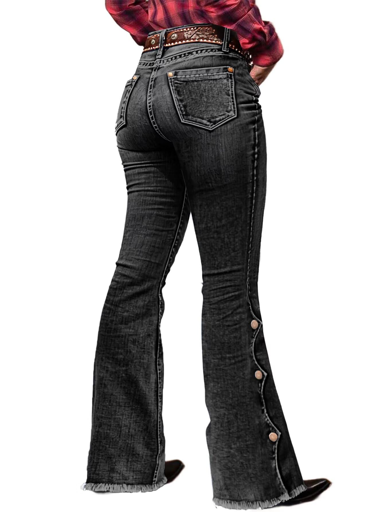 Women's Raw Hem Button Side Mid Waist Bootcut Jeans