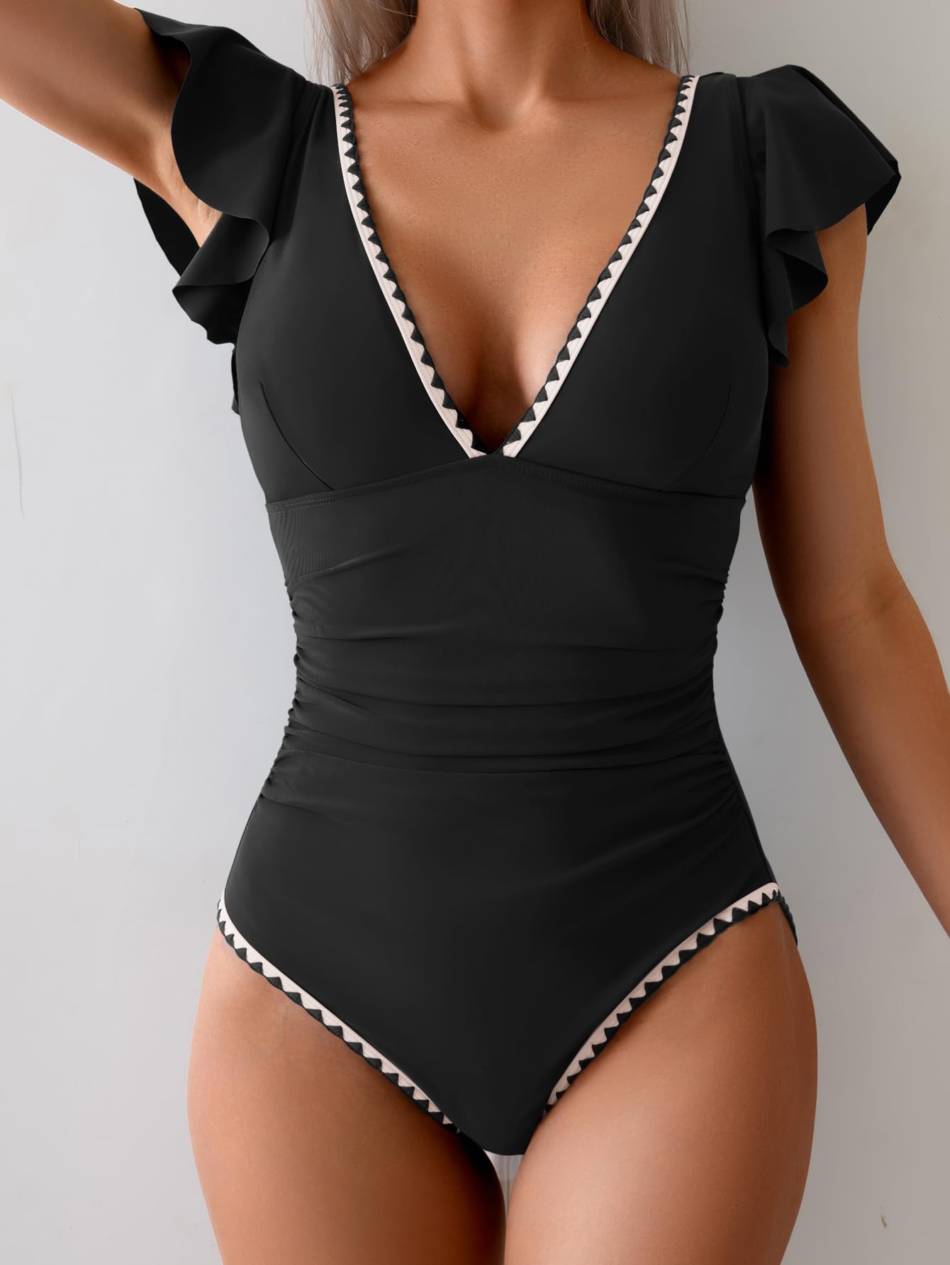 Women's V Neck One Piece Ruffle Tummy Control Swimsuit