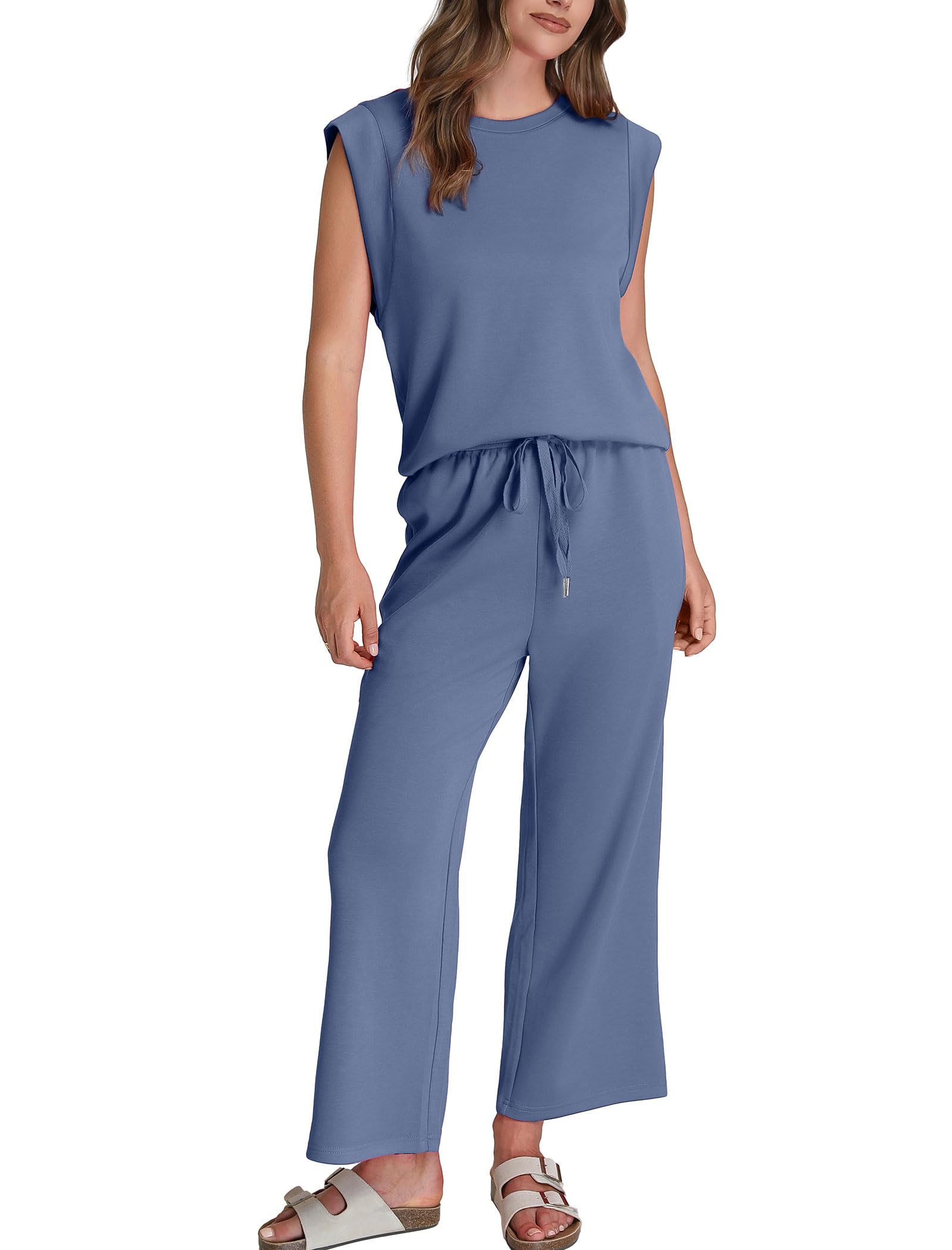 2025 New Women's Casual Cap Sleeve Top Wide Leg Crop Pants Two Piece Sets(buy 2 free shipping)