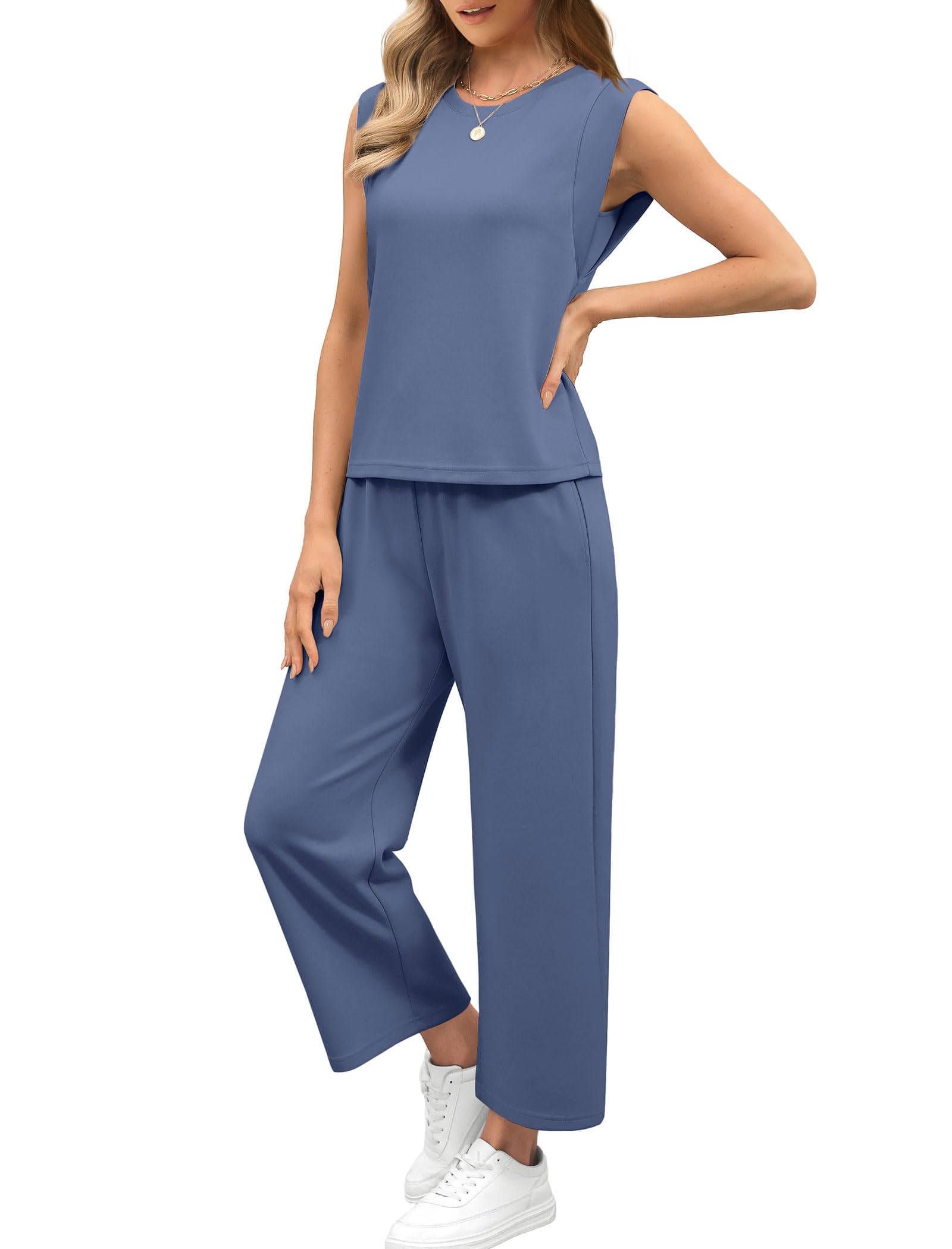 2025 New Women's Casual Cap Sleeve Top Wide Leg Crop Pants Two Piece Sets(buy 2 free shipping)