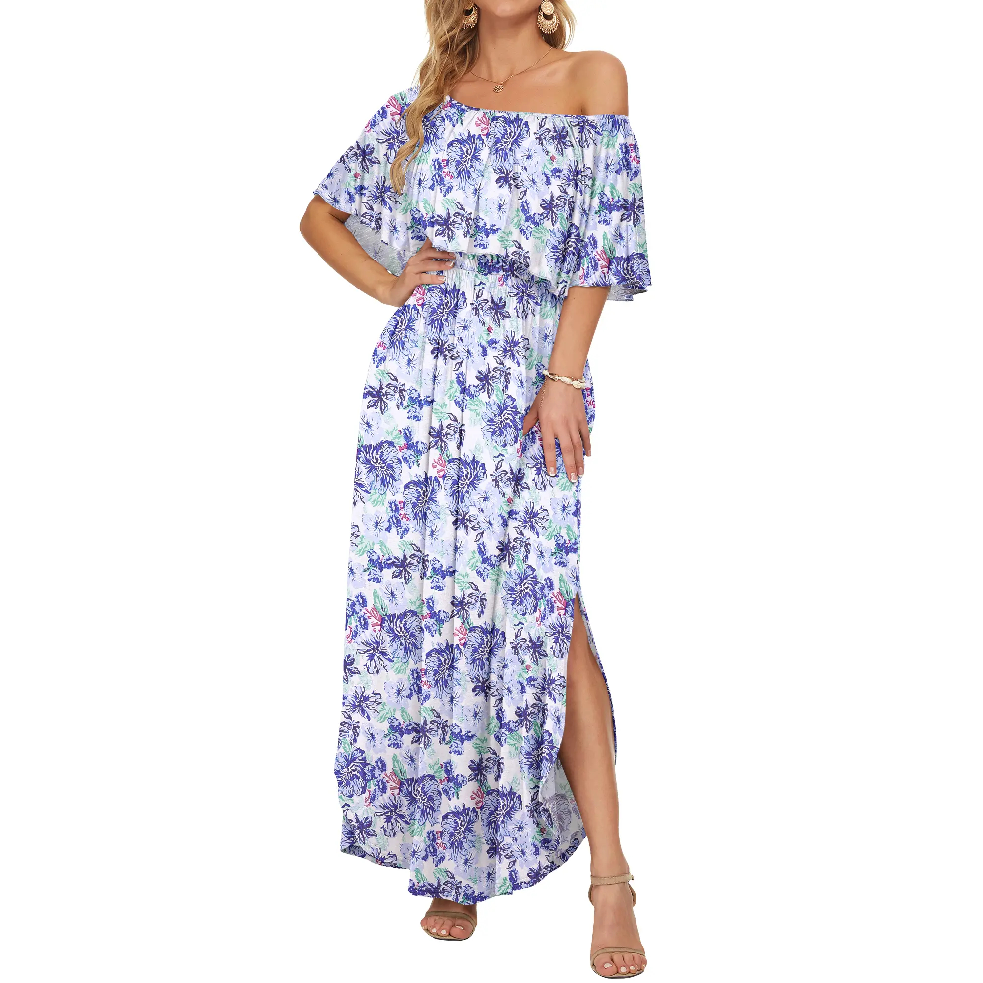 Womens Off The Shoulder Long Ruffle Party Side Split Beach Maxi Dresses with Pockets