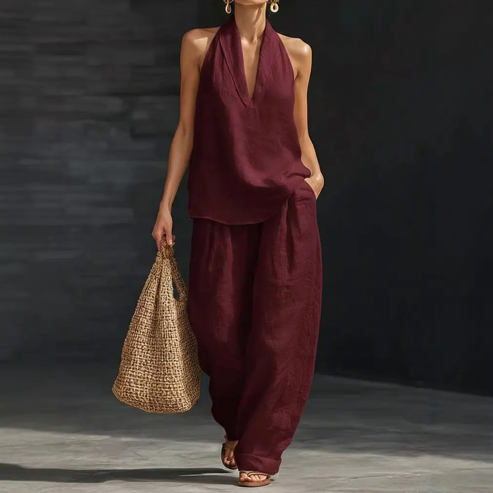 Women's Halter Neck Sleeveless Top Wide Leg Pants Set
