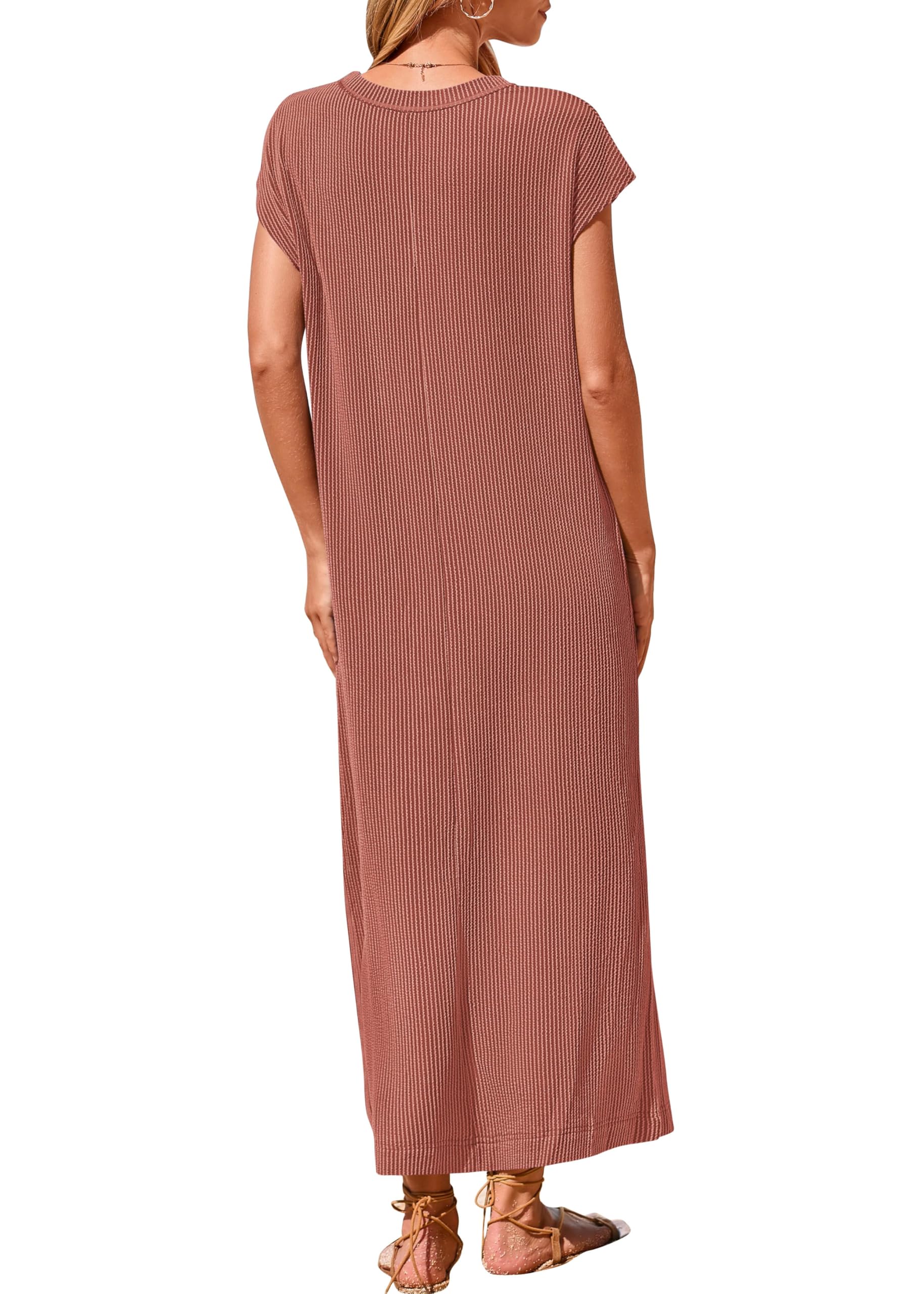 Womens Ribbed Knit Henley Short Sleeve Button Up Loose Maxi Dress