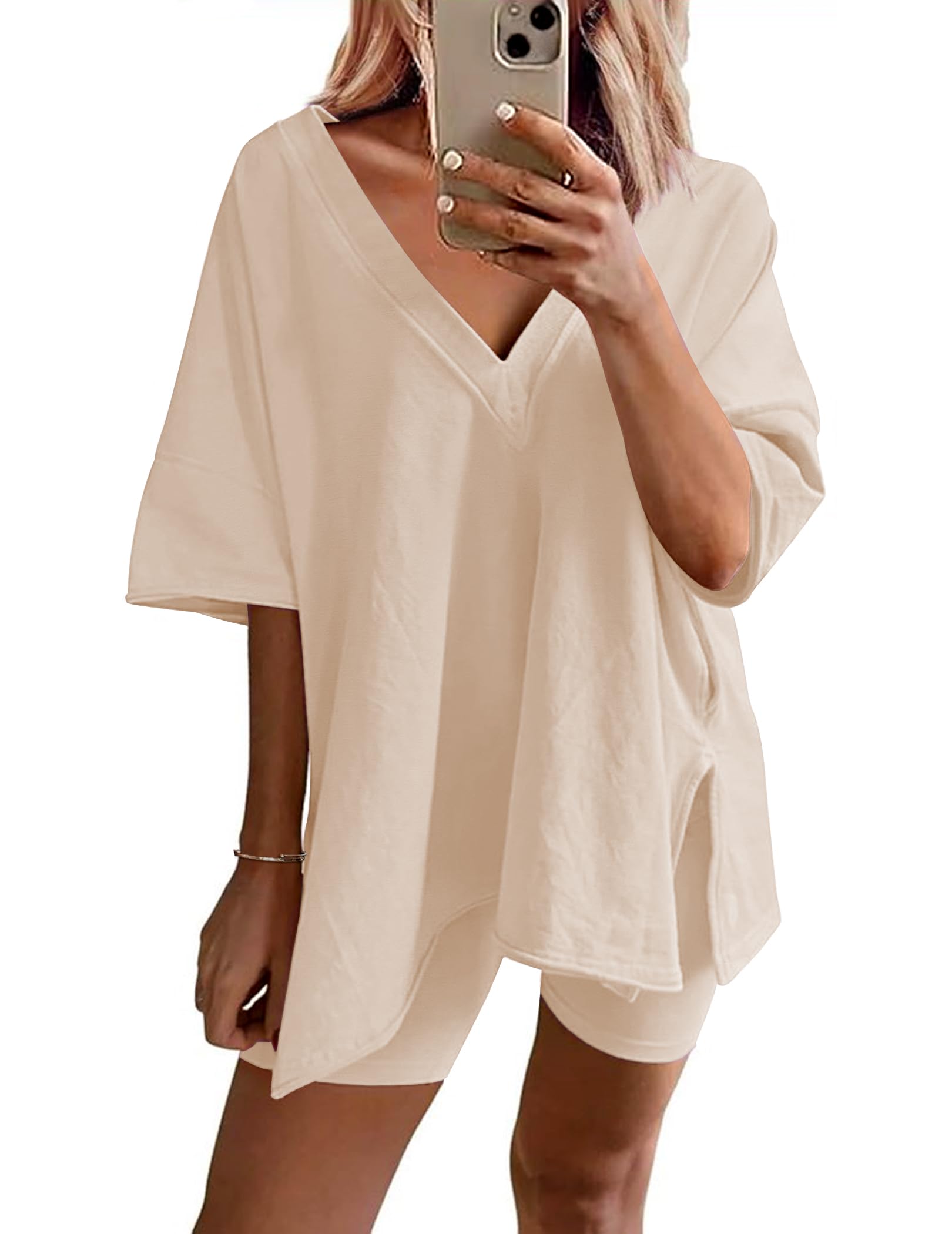 Womens Reversible Oversized V Neck T-Shirts Tops Biker Shorts Set 