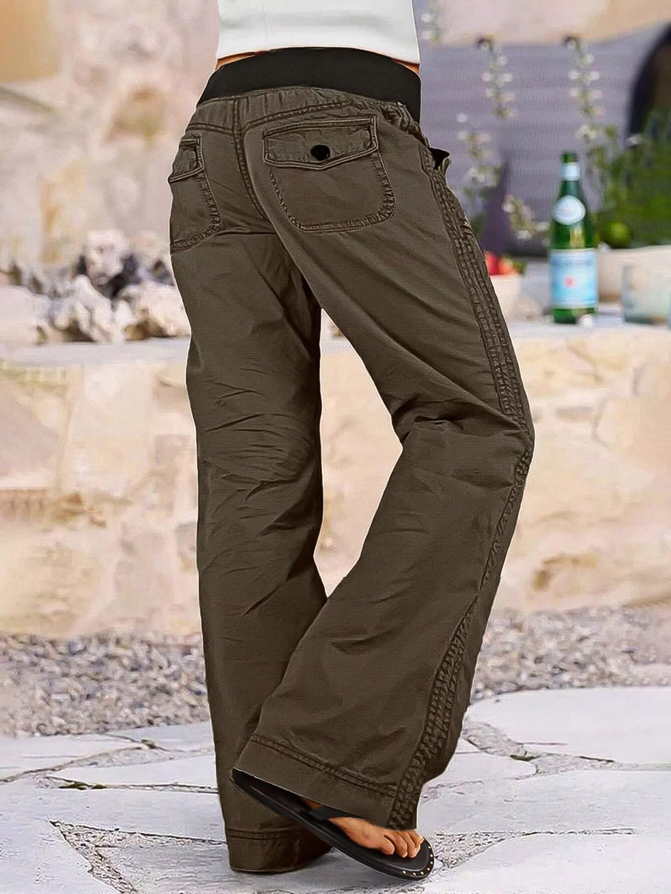 Women Drawstring Waist Mid Rise Seam Detail Straight Leg Pants