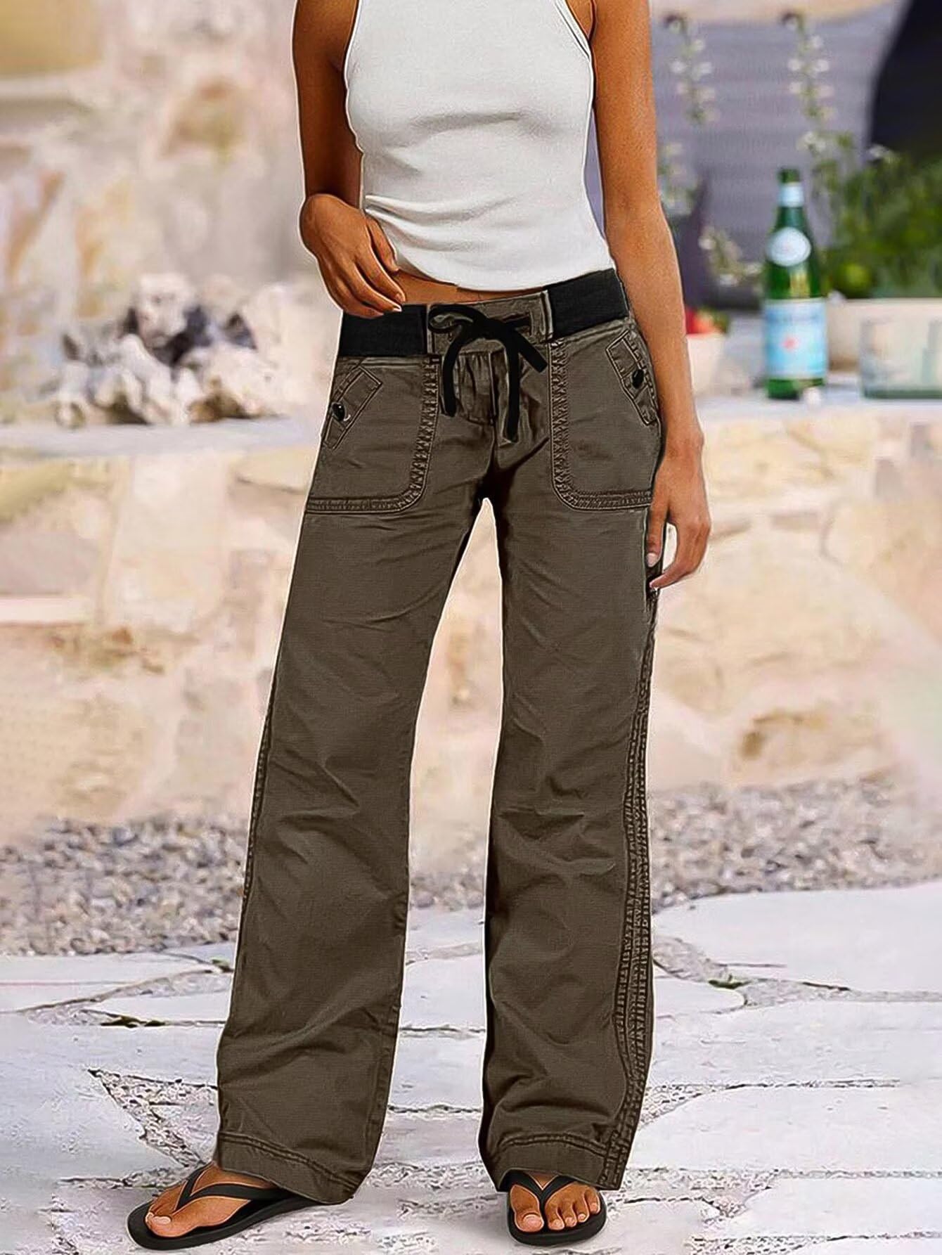 Women Drawstring Waist Mid Rise Seam Detail Straight Leg Pants